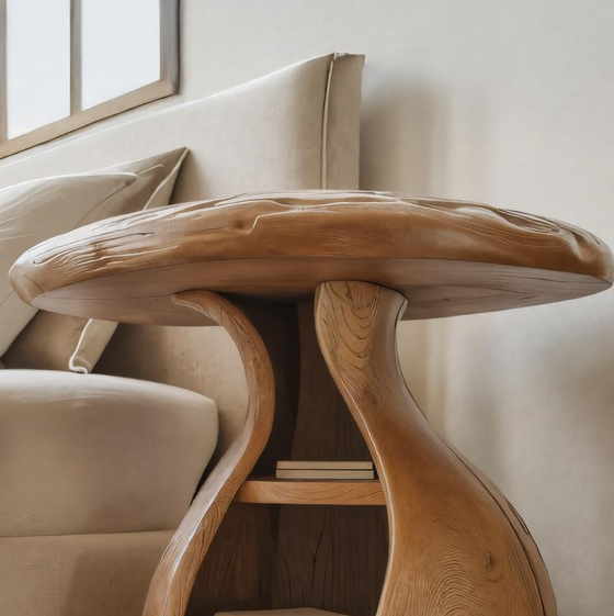 Artistic Wooden Bedside Table With Curved Design And Shelves For Bedroom SITHTTSTA014