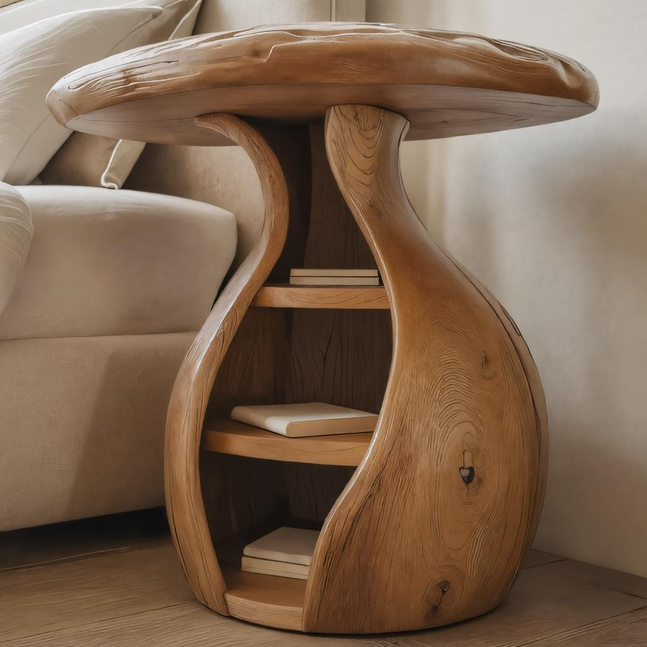 Artistic Wooden Bedside Table With Curved Design And Shelves For Bedroom SITHTTSTA014