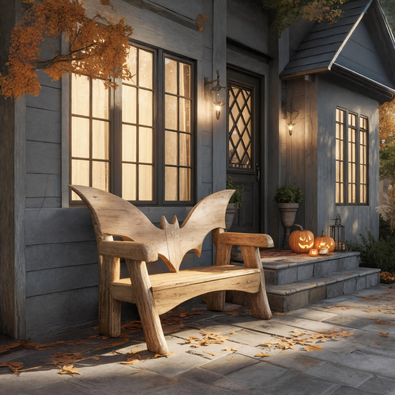 Rustic Carved Wooden Bat Bench Gothic Design For Porch Or Garden SITHTTHW005