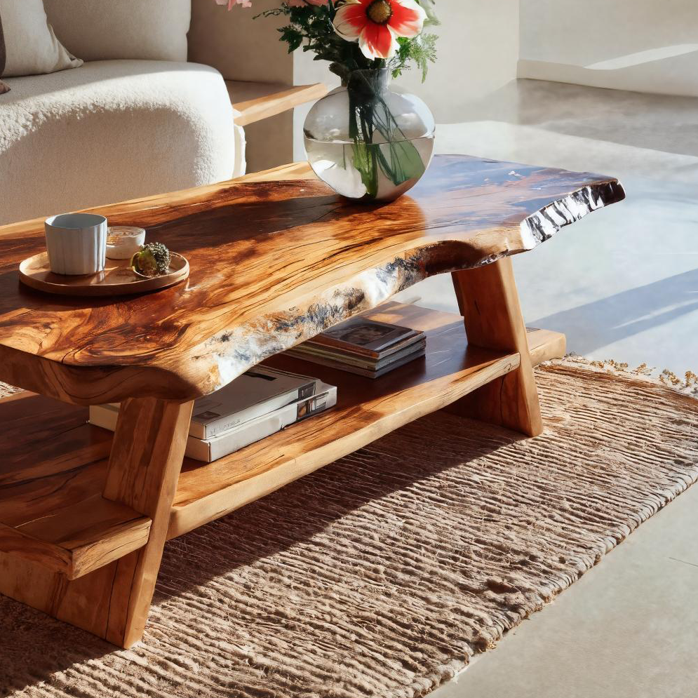 Handcrafted Coffee Table Live Edge And Lower Shelf For Living RTTHTTCF031