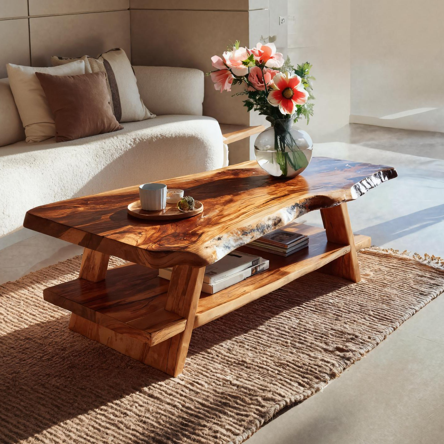 Handcrafted Coffee Table Live Edge And Lower Shelf For Living RTTHTTCF031