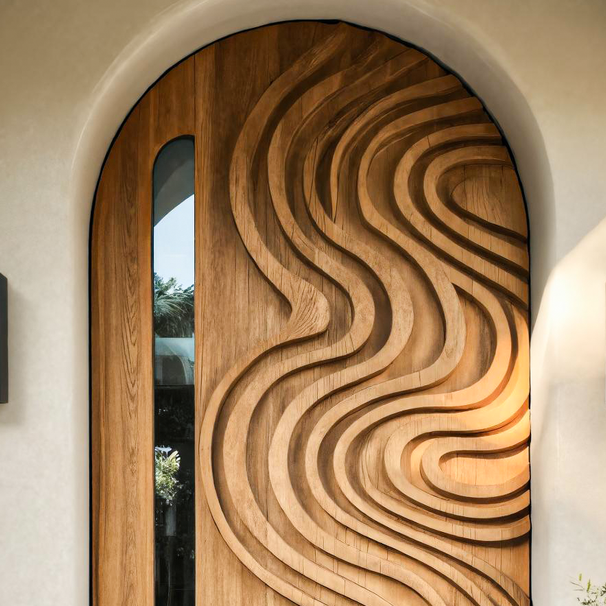 Contemporary Arched Wooden Front Door With Carved Design For Villa Or Modern Entryway SITHTTDOR018