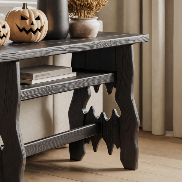 Rustic Black Wooden Console Table With Bat Cut Out Legs Halloween Decor SITHTTHW001
