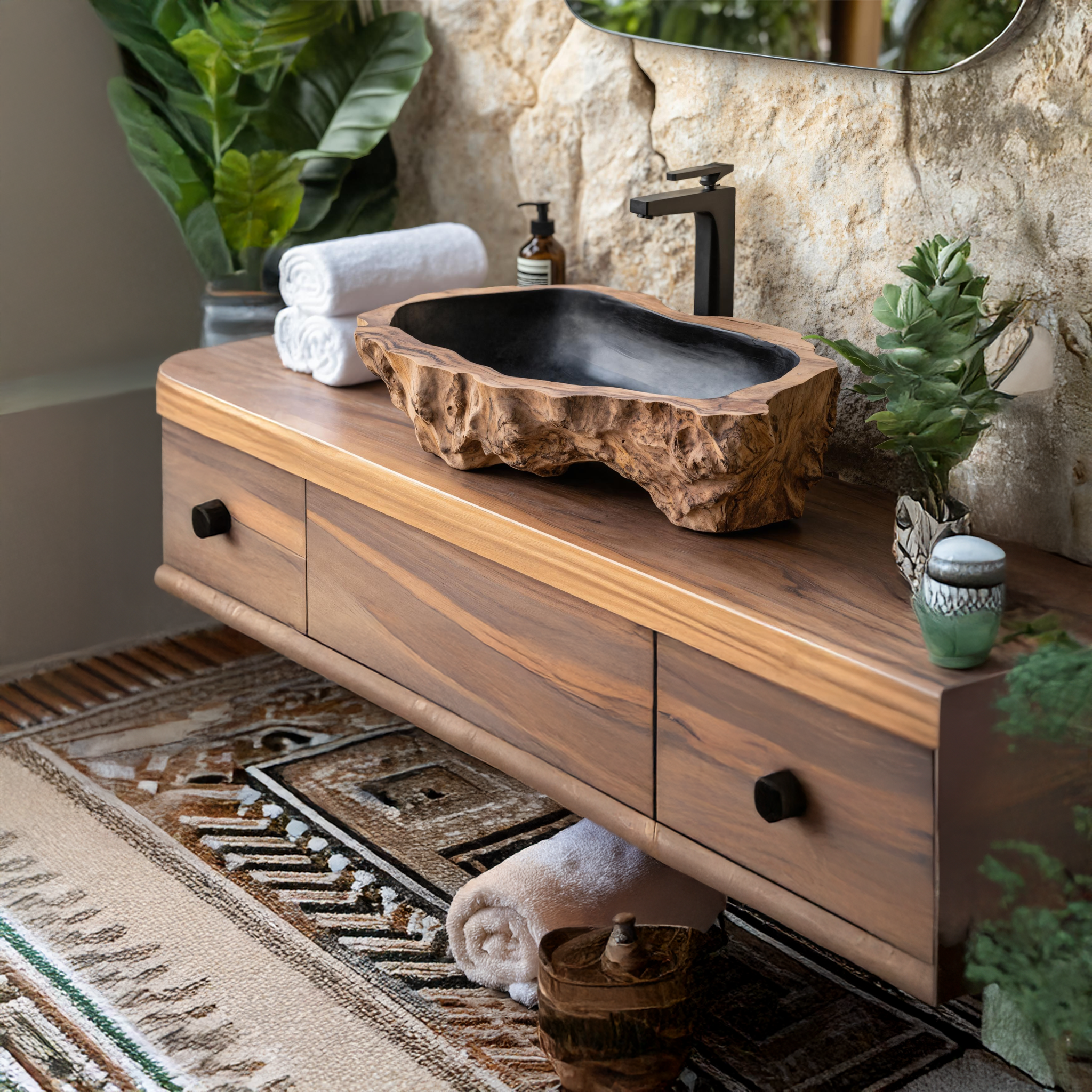Handcrafted Rustic Wooden Vessel Sink For Furniture Decor SILDTTNVS017