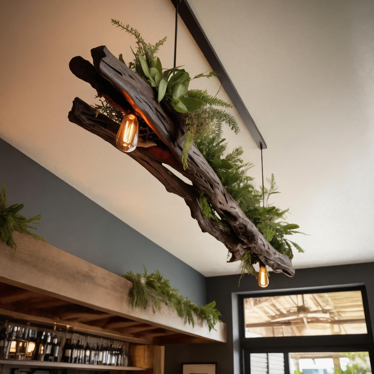 Rustic Driftwood Ceiling Light With Edison Bulbs And Greenery For Kitchen Or Living Room SITHTTLAM007