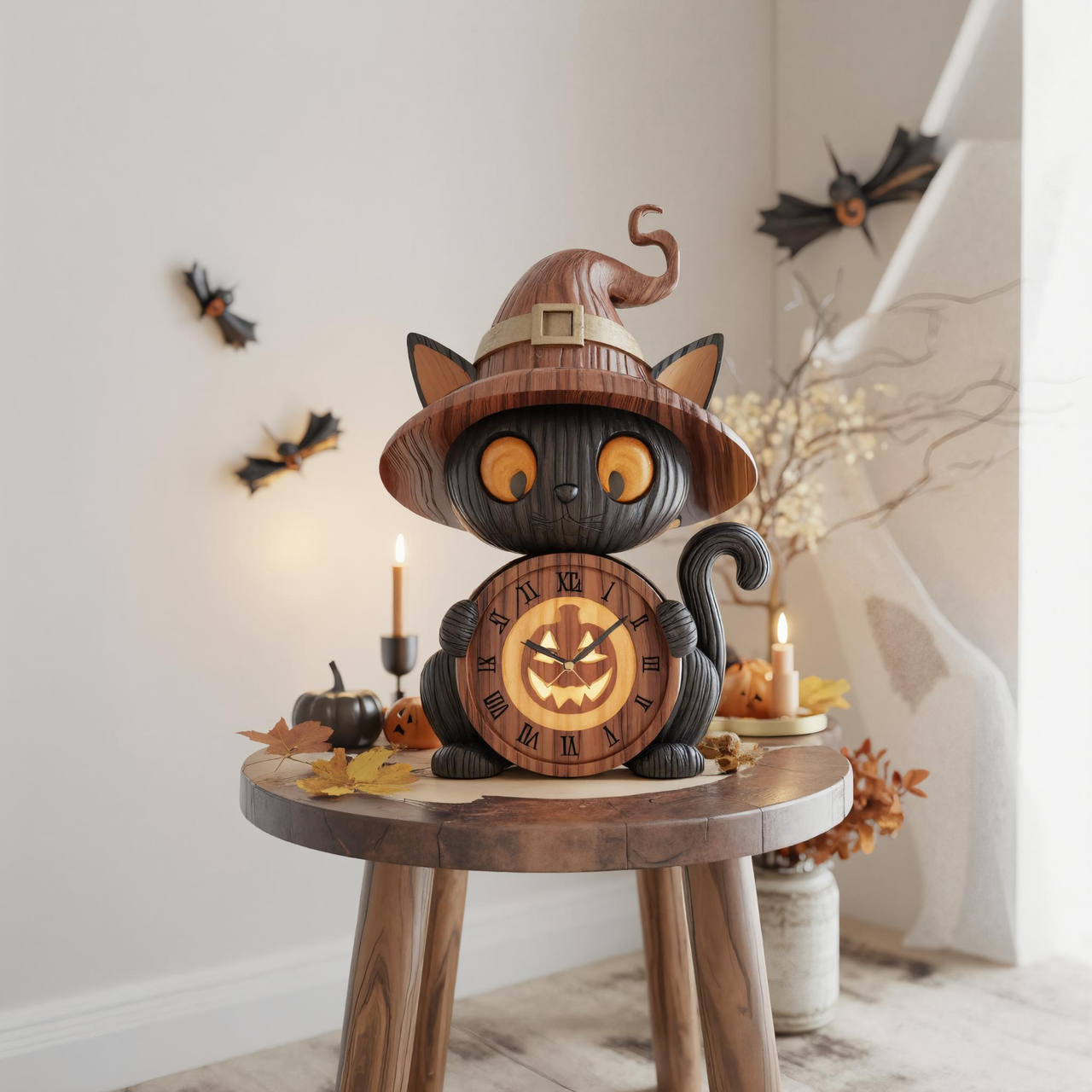 Wooden Black Cat Witch Clock with Pumpkin Face For Halloween Tabletop Or Mantel Decoration SITHTTHW002