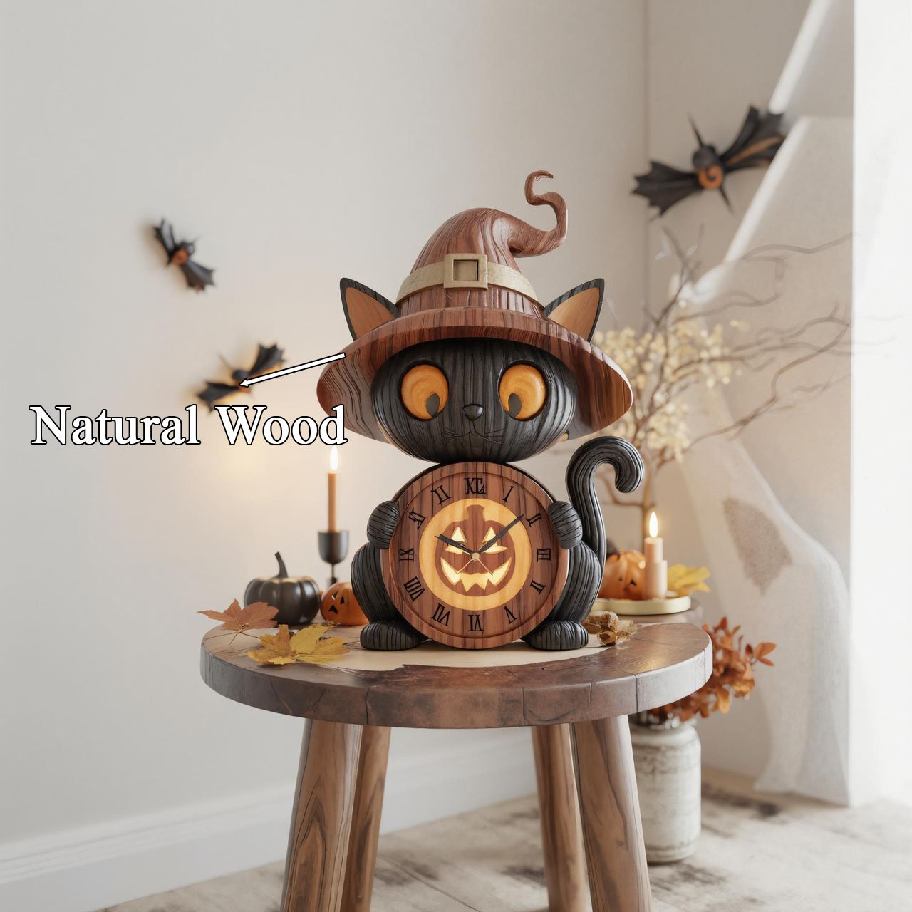 Wooden Black Cat Witch Clock with Pumpkin Face For Halloween Tabletop Or Mantel Decoration SITHTTHW002