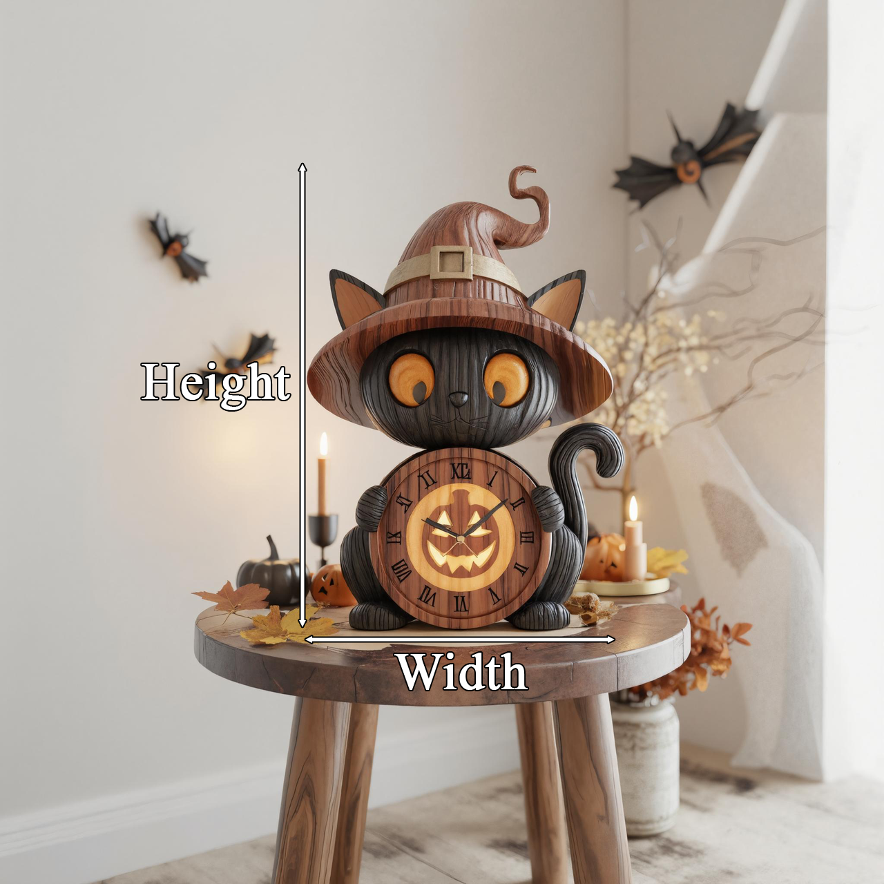 Wooden Black Cat Witch Clock with Pumpkin Face For Halloween Tabletop Or Mantel Decoration SITHTTHW002