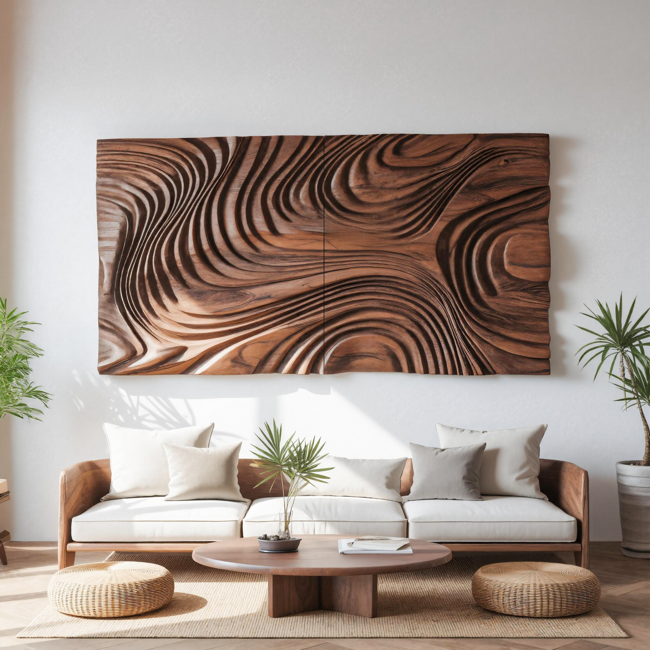Abstract Sculptural Wood Wall Art With Carved Wave Patterns For Living Room Or Bedroom SITHTTWA003