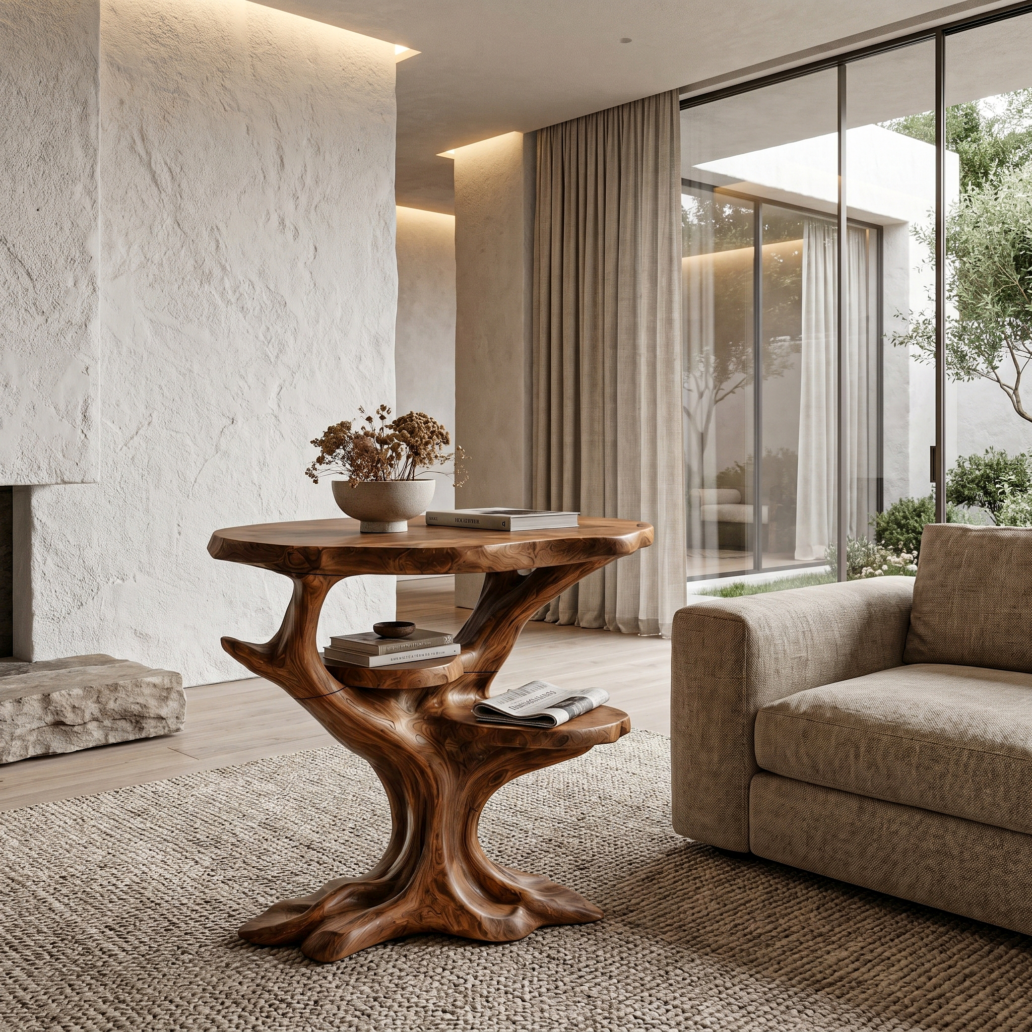 Organic Sculptural Side Table With Multi Tier Solid Wood Shelves For Living Room And Bedroom SINLHABT257