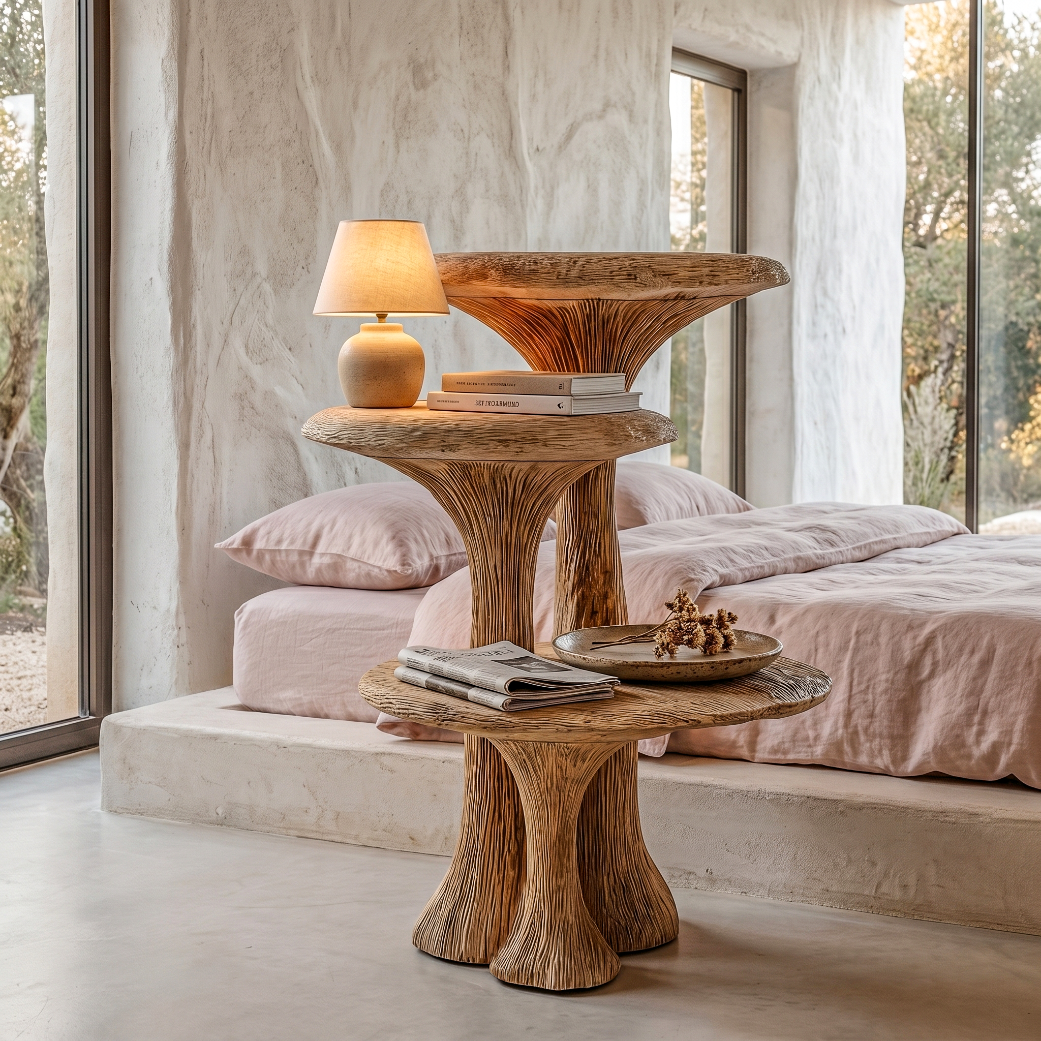 Organic Sculptural Nightstand With Multi Tier Solid Wood Shelves For Bedroom SINLHABT258