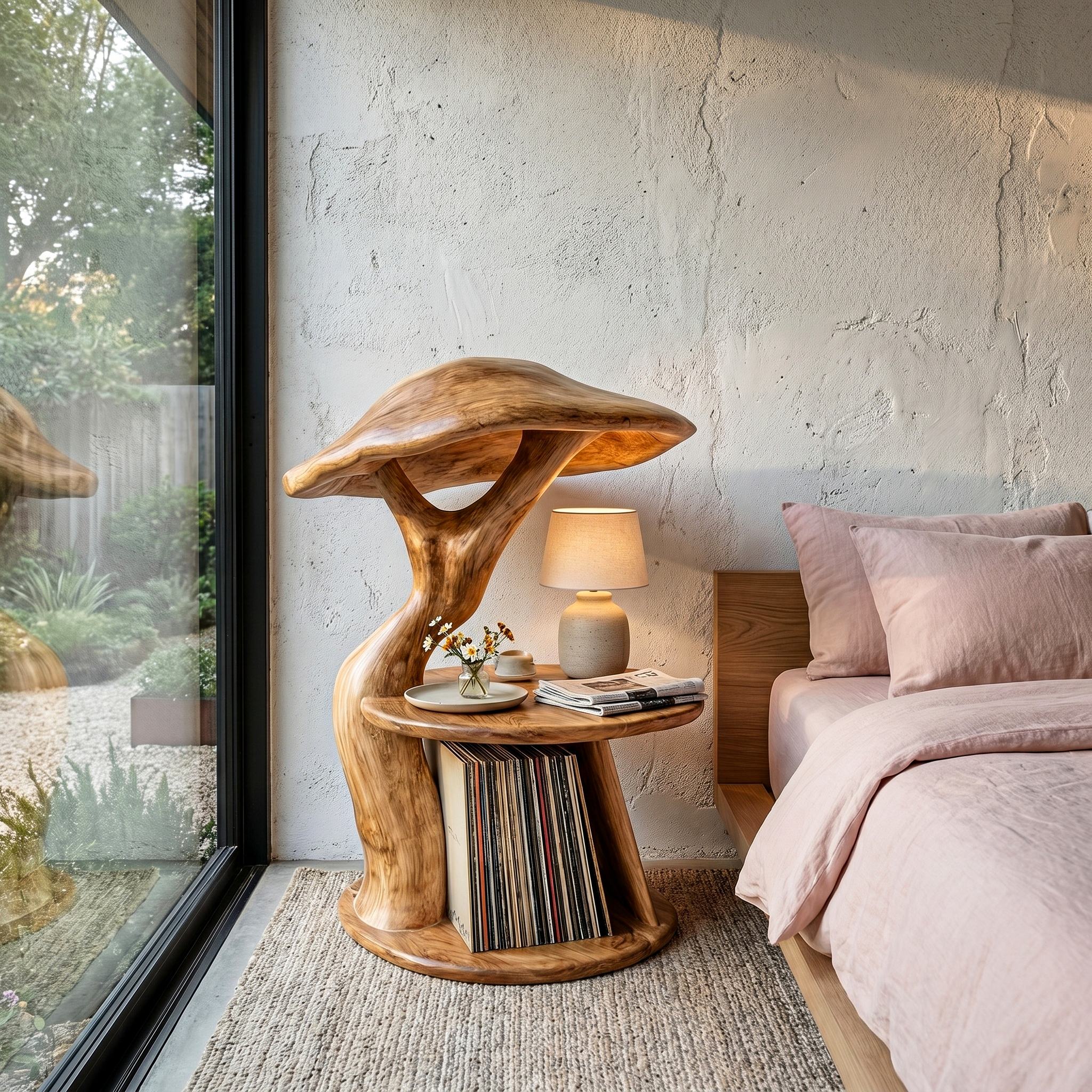 Organic Mushroom Nightstand With Sculptural Solid Wood Design And Vinyl Storage For Bedroom SINLHABT259
