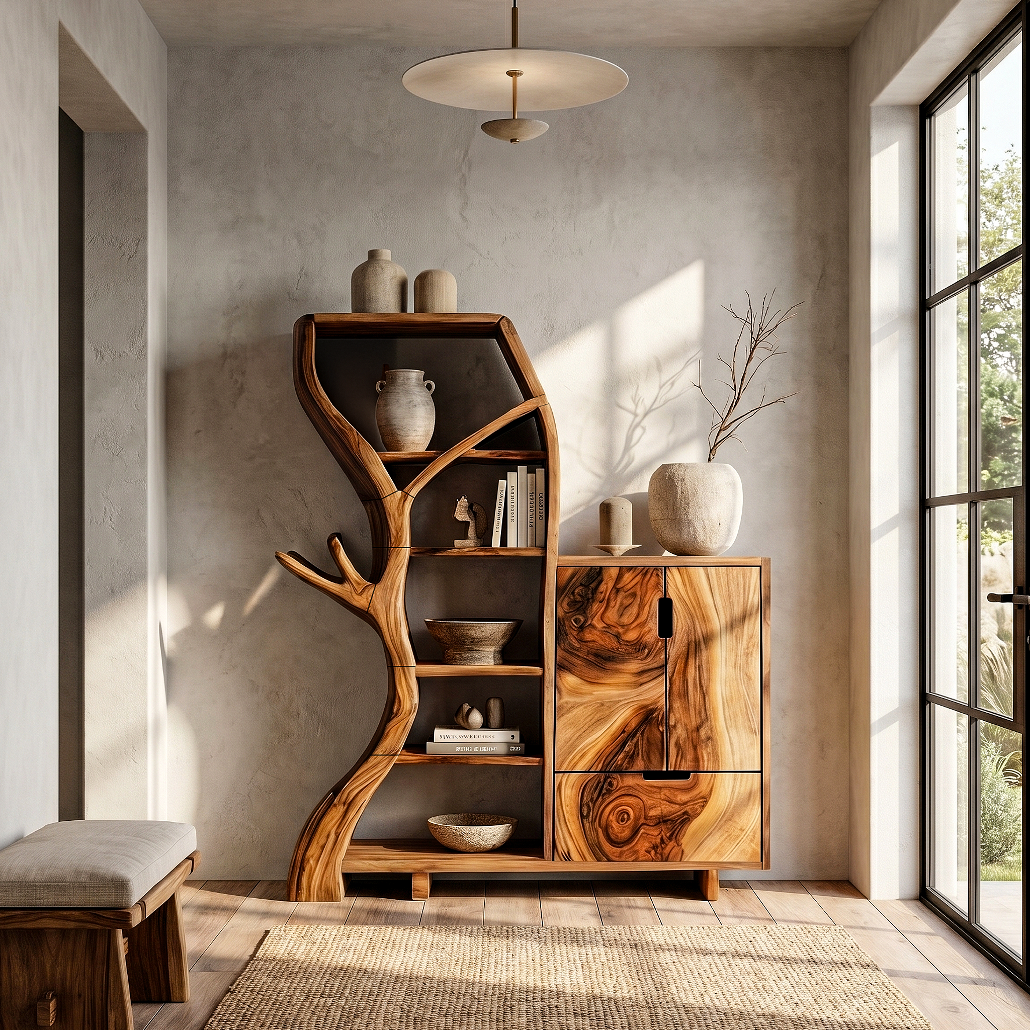 Rustic Storage Cabinet With Tree Bookshelf And Display Shelves For Entryway SINLHASC536