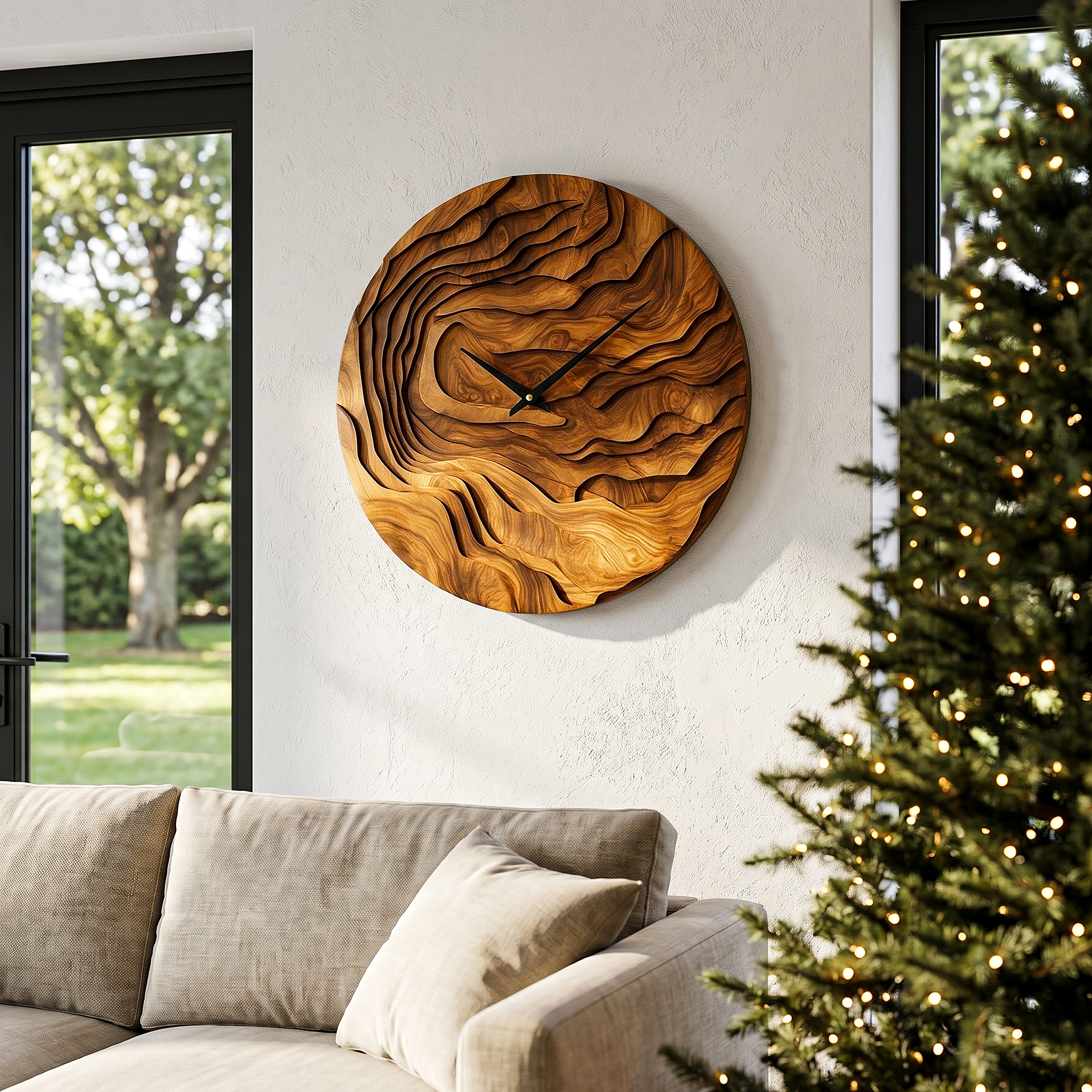 Rustic Wood Wall Clock With Hand Carved Organic Pattern For Living Room SINLHACK025