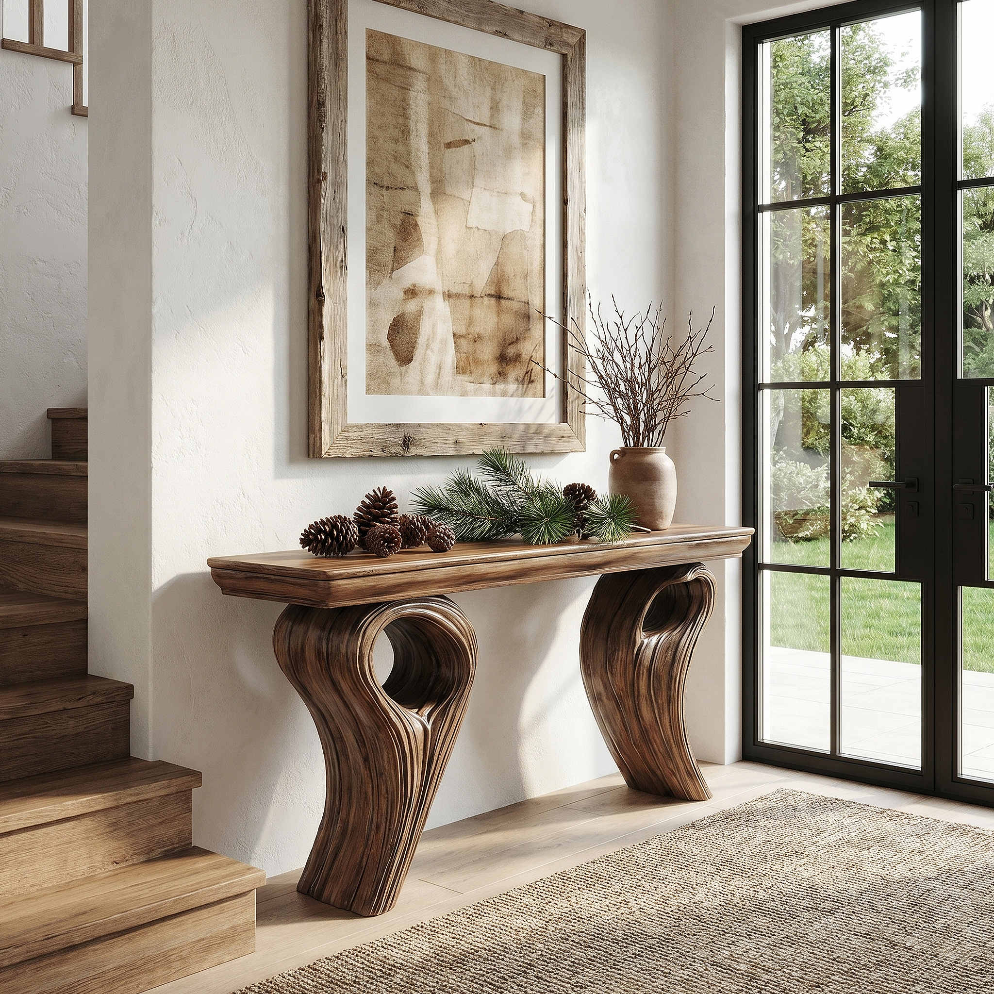 Rustic Organic Storage Console Table With Tree Inspired Base For Hallway And Living Room SINLHACS662
