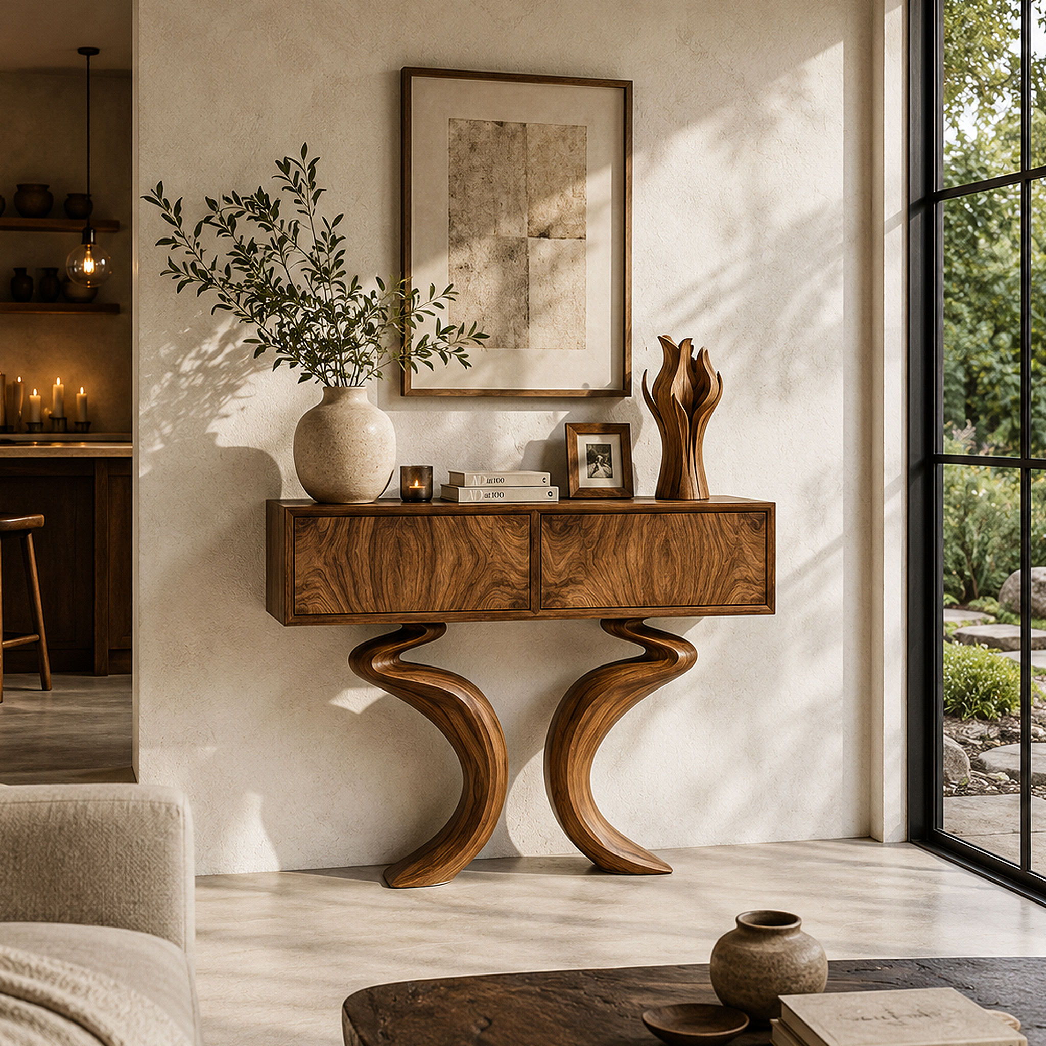 Organic Console Table With Hidden Storage Cabinet For Living Room And Entryway SINLHAFL558