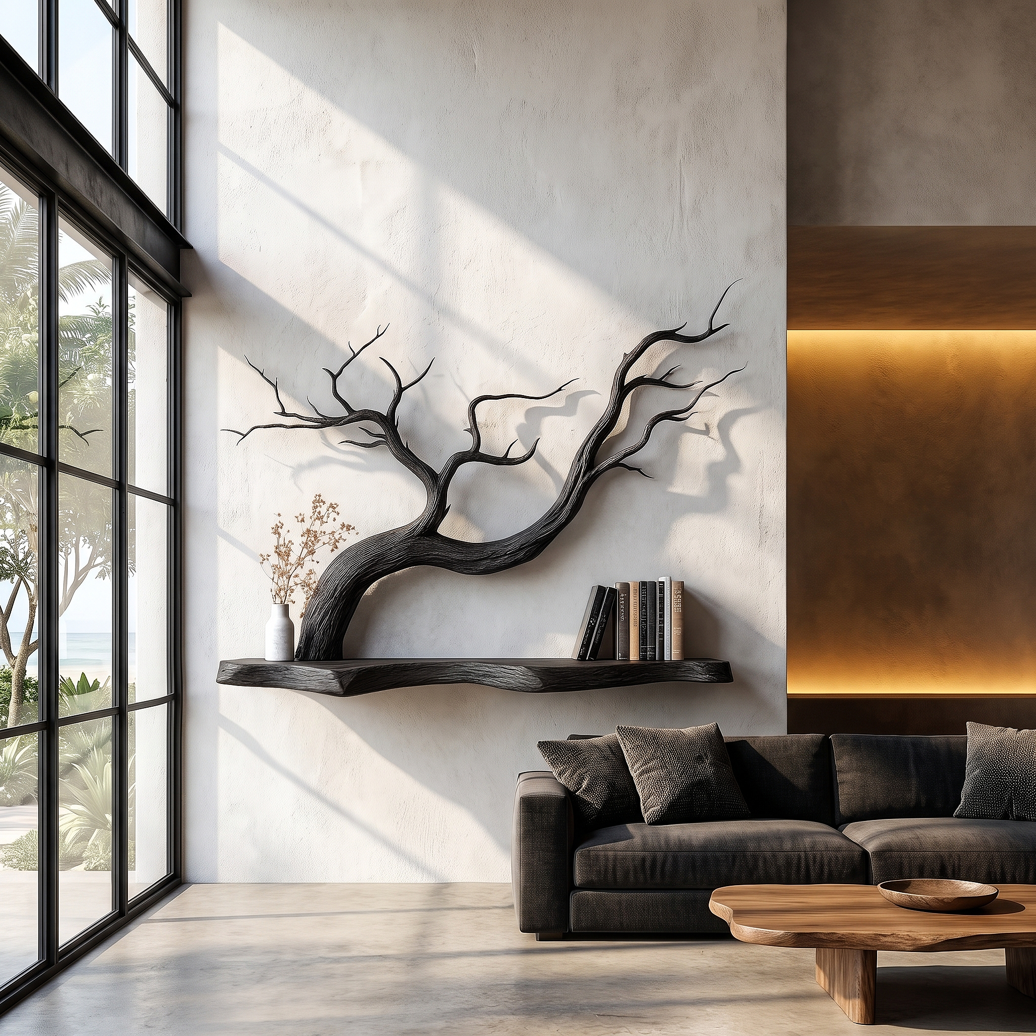 Handcrafted Floating Shelf With Sculptural Tree Branch Form For Living Room SINLHAFL562