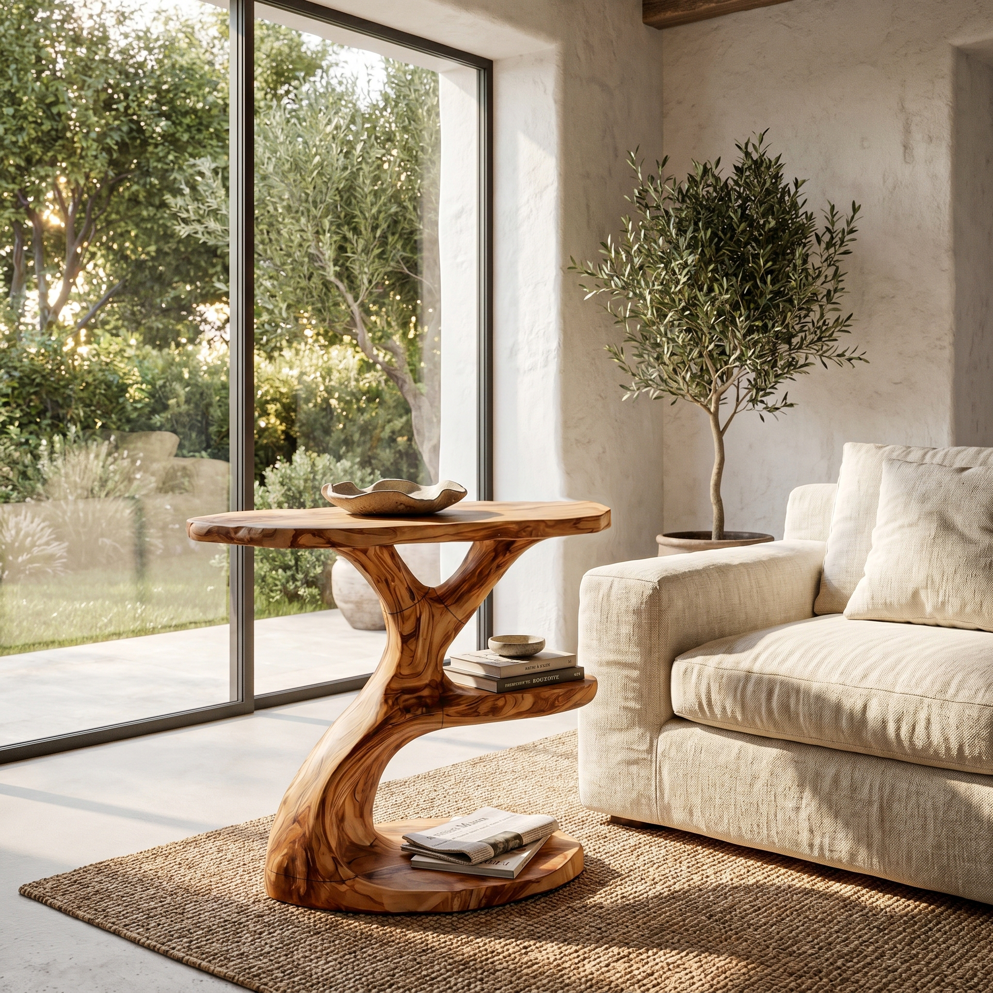 Organic Sculptural Side Table With Multi Tier Solid Wood Shelves For Living Room And Bedroom SINLHABT255