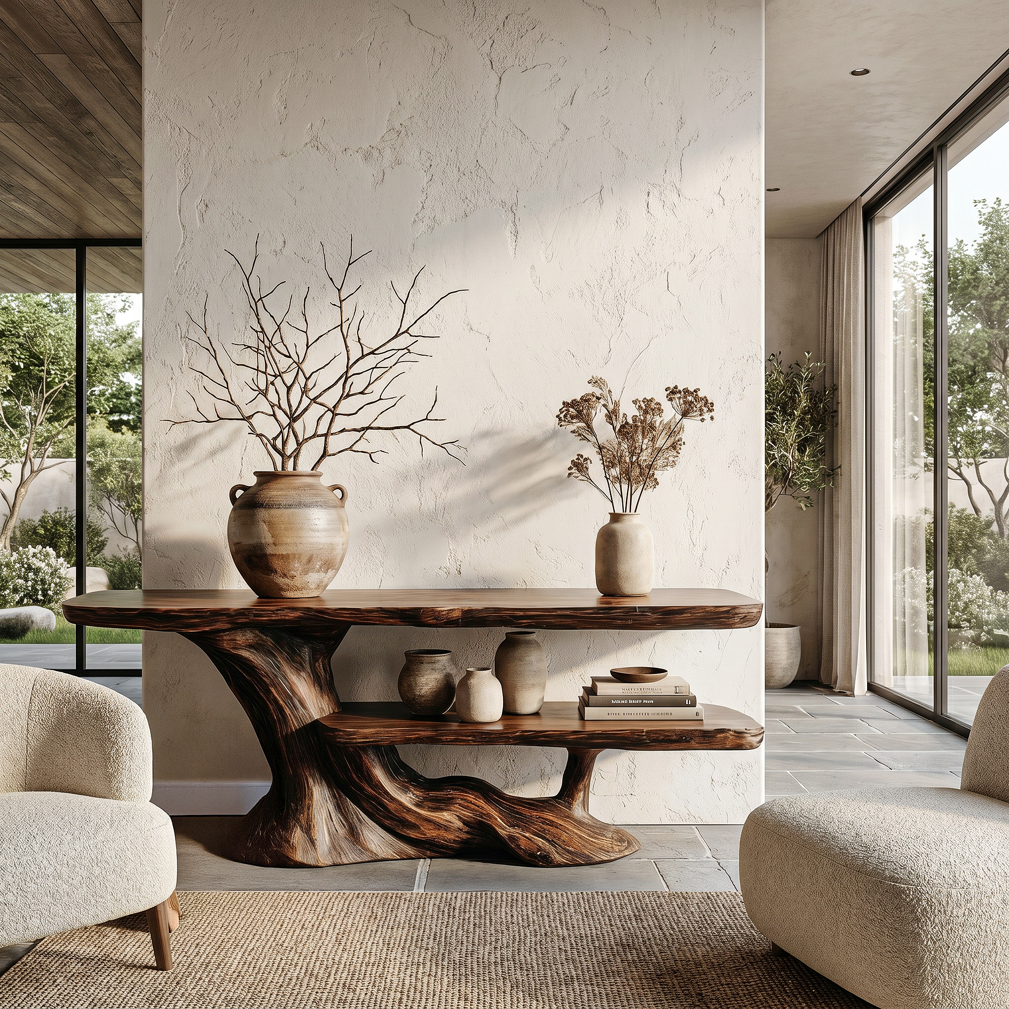 Rustic Console Table With Handcrafted Tree Root Base And Tiered Shelves For Entryway SINLHACS627