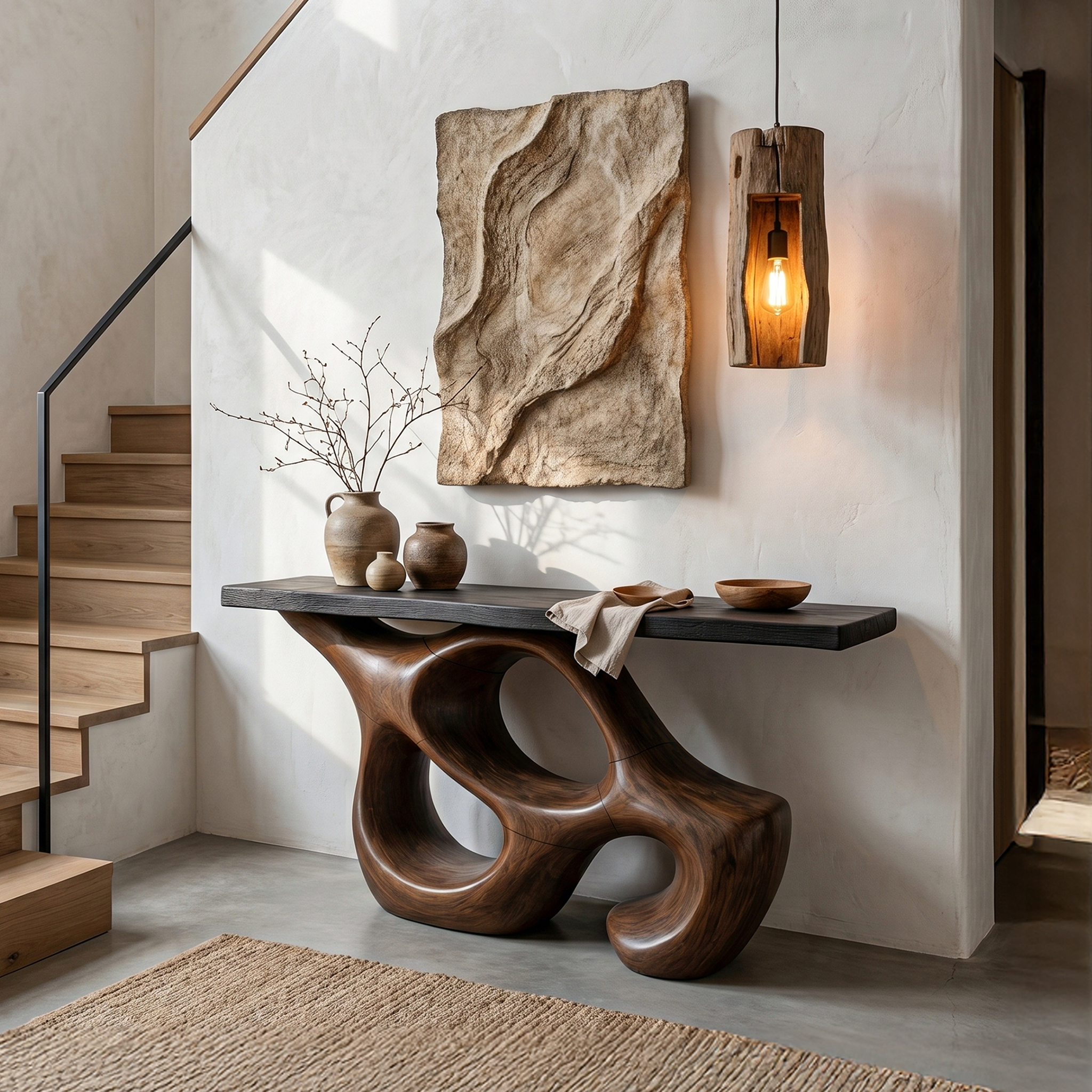 Artistic Sculptural Console Table With Abstract Hollow Wood Base For Living Room SINLHACS579