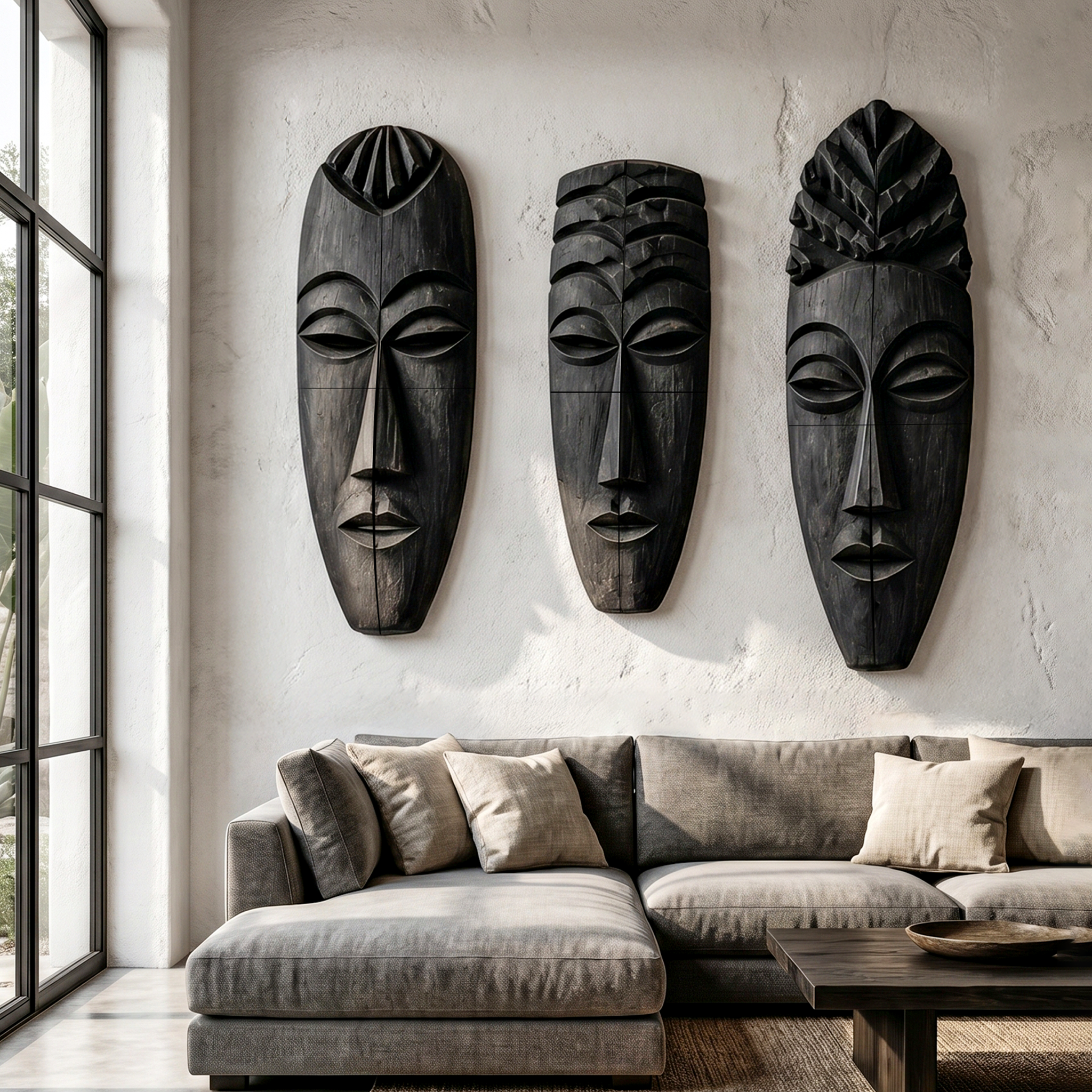 Tribal Wooden Wall Art Set With Hand Carved African Mask Design For Living Room And Entryway SINLHAWD100