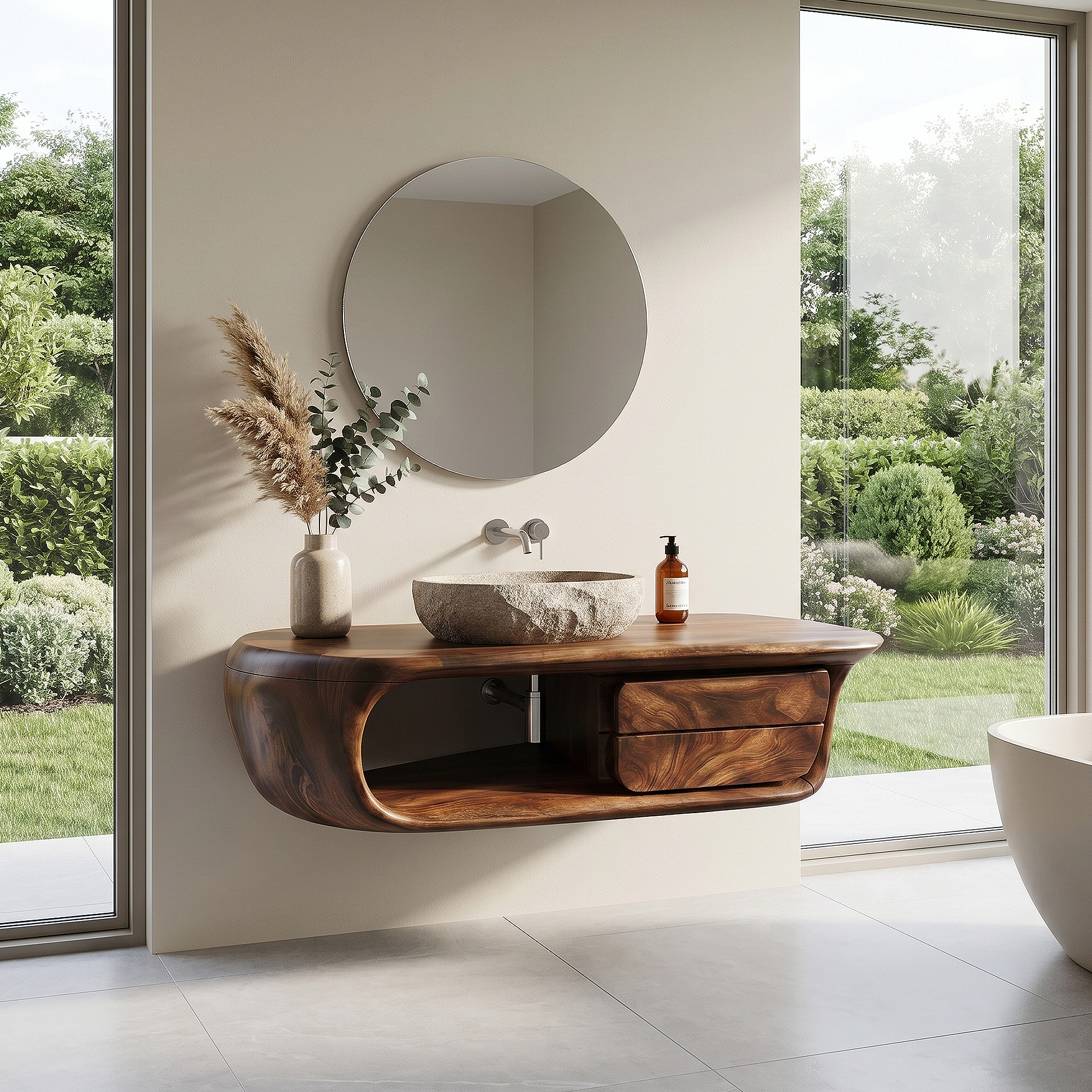 Floating Bathroom Vanity With Curved Wooden Base And Storage Drawer For Modern Bathroom SINLKIBRV304