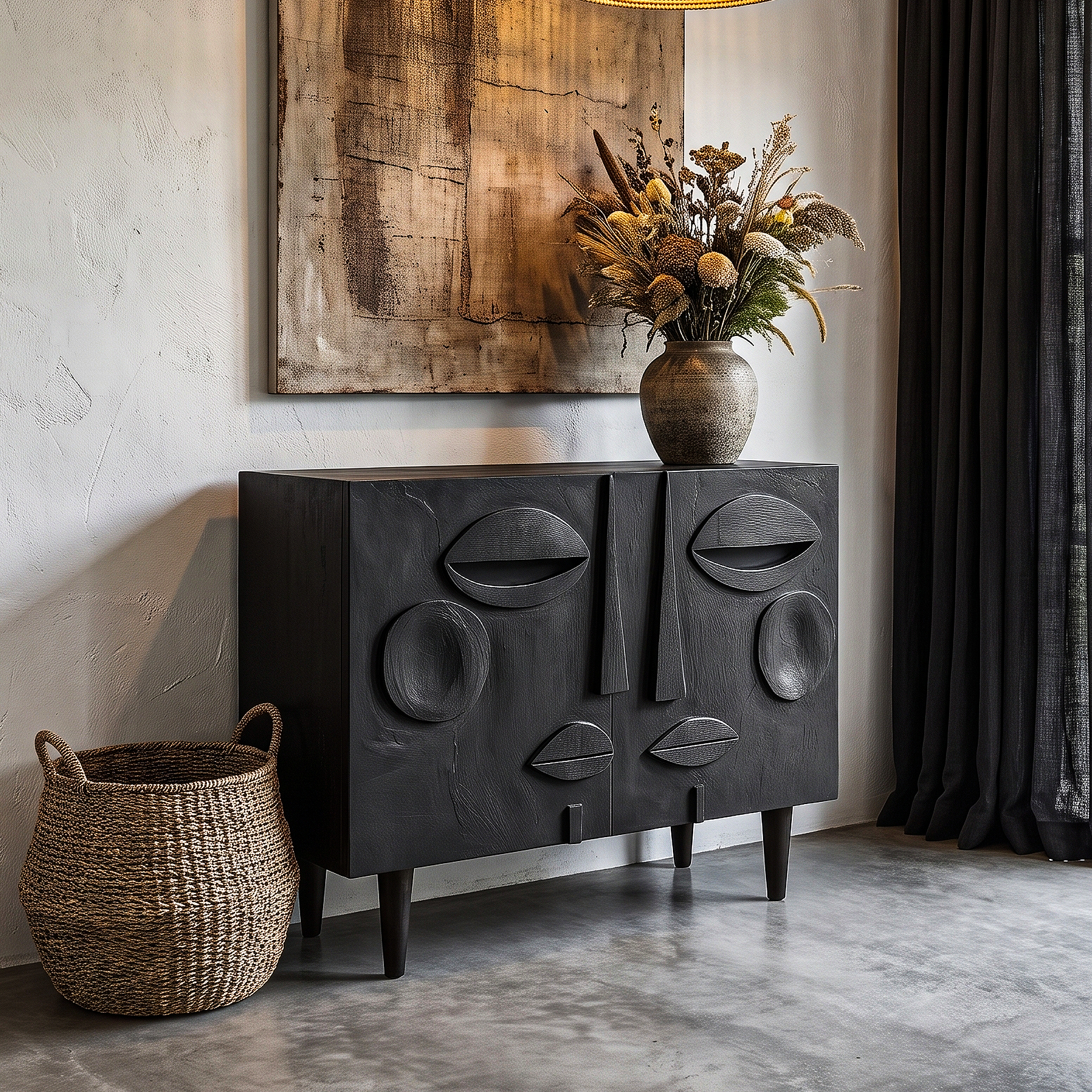 Modern Accent Cabinet With Abstract Face Design For Living Room And Entryway SINLHASD001