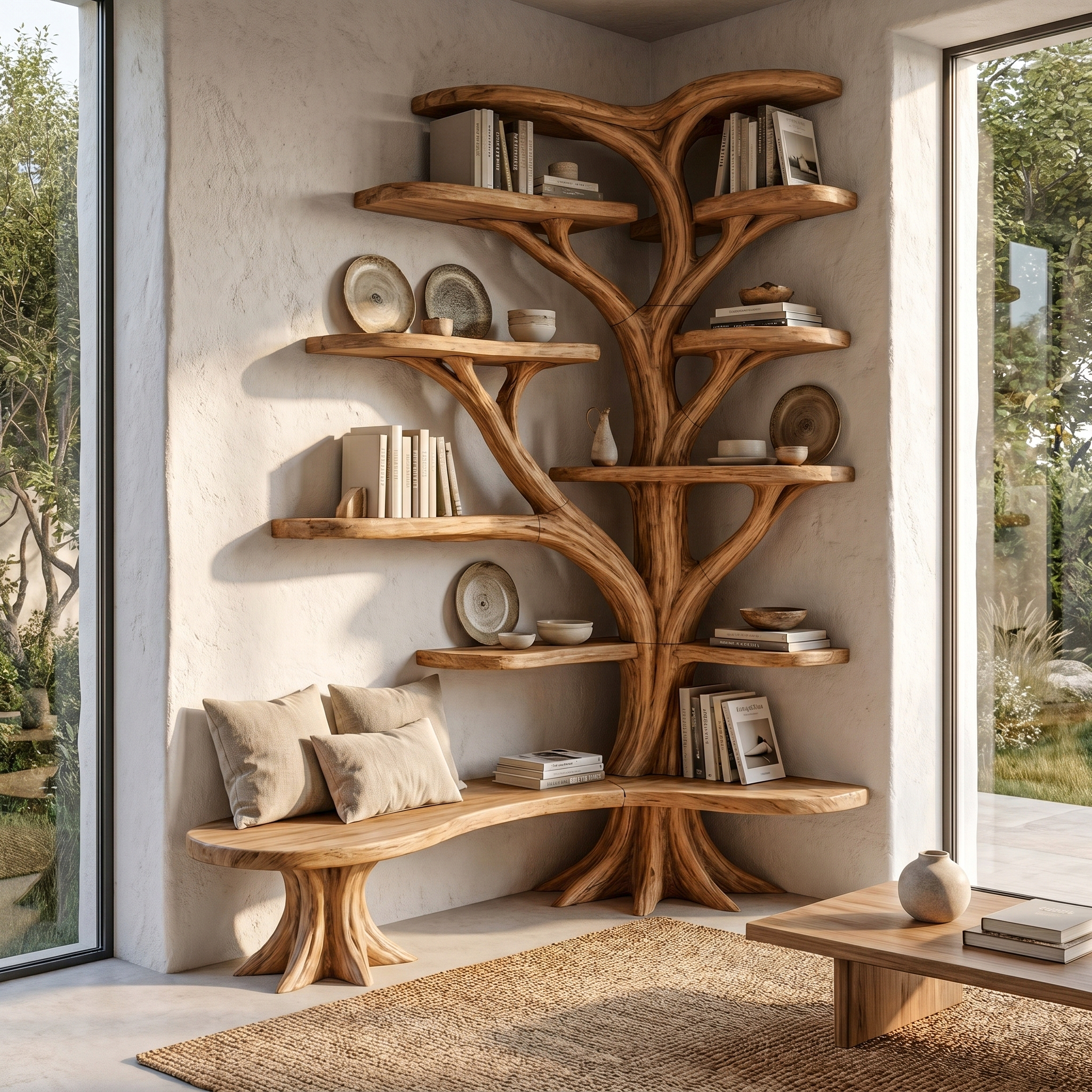 Organic Tree Bookshelf With Sculptural Branch Design And Multi Tier Display Shelves For Living Room SINLHATB751