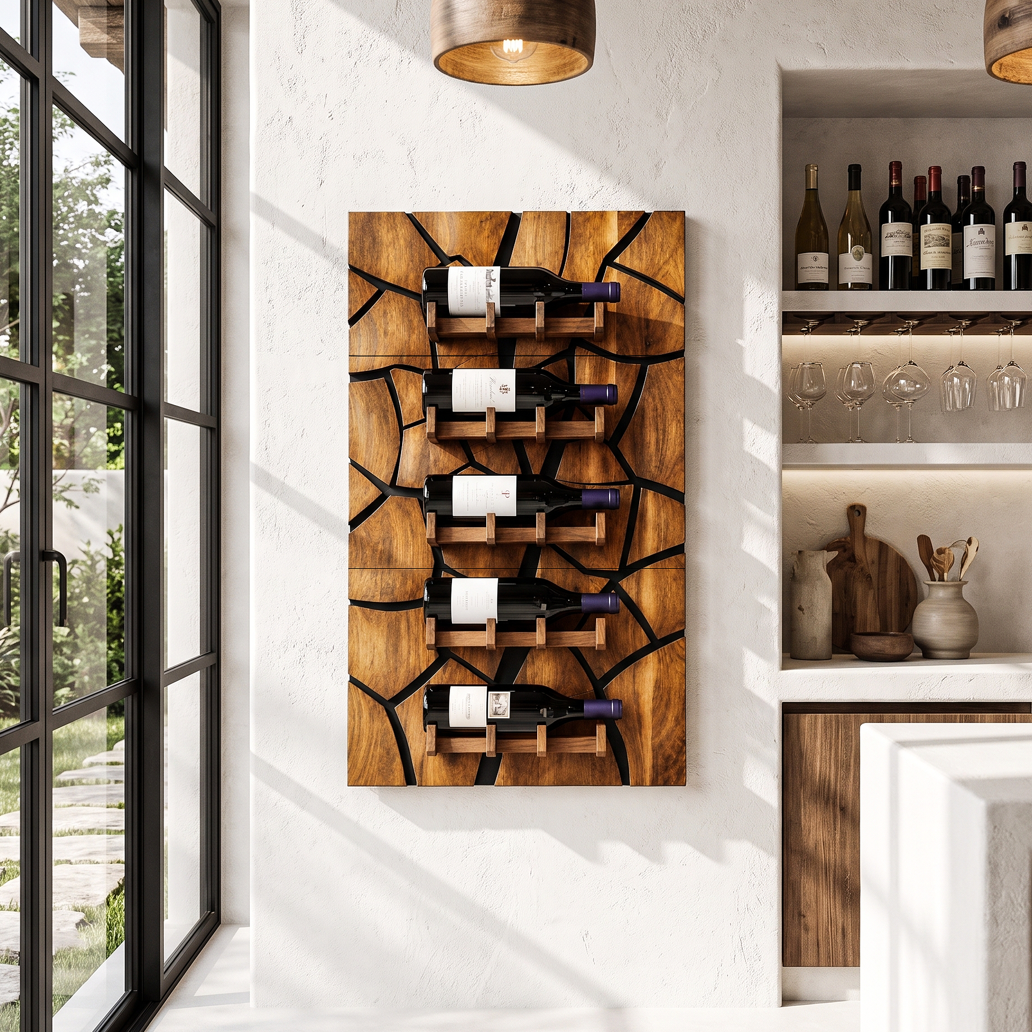 Rustic Wall Mounted Wine Holder With Geometric Bottle Display For Dining Room SINLHAWH046