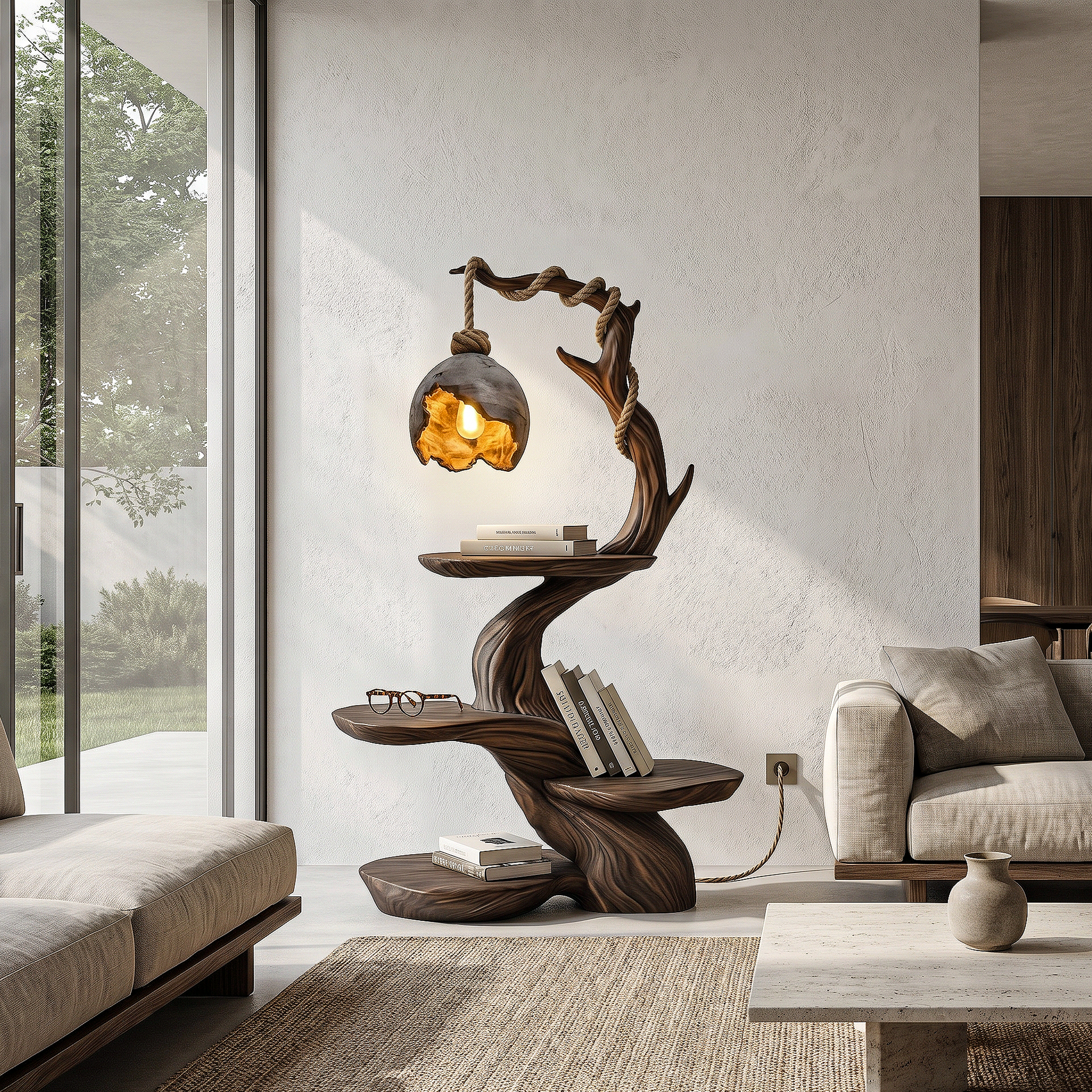 Nature Inspired Beside Table With Sculptural Tree Form And Ambient Lamp For Bedroom SINLHABT266