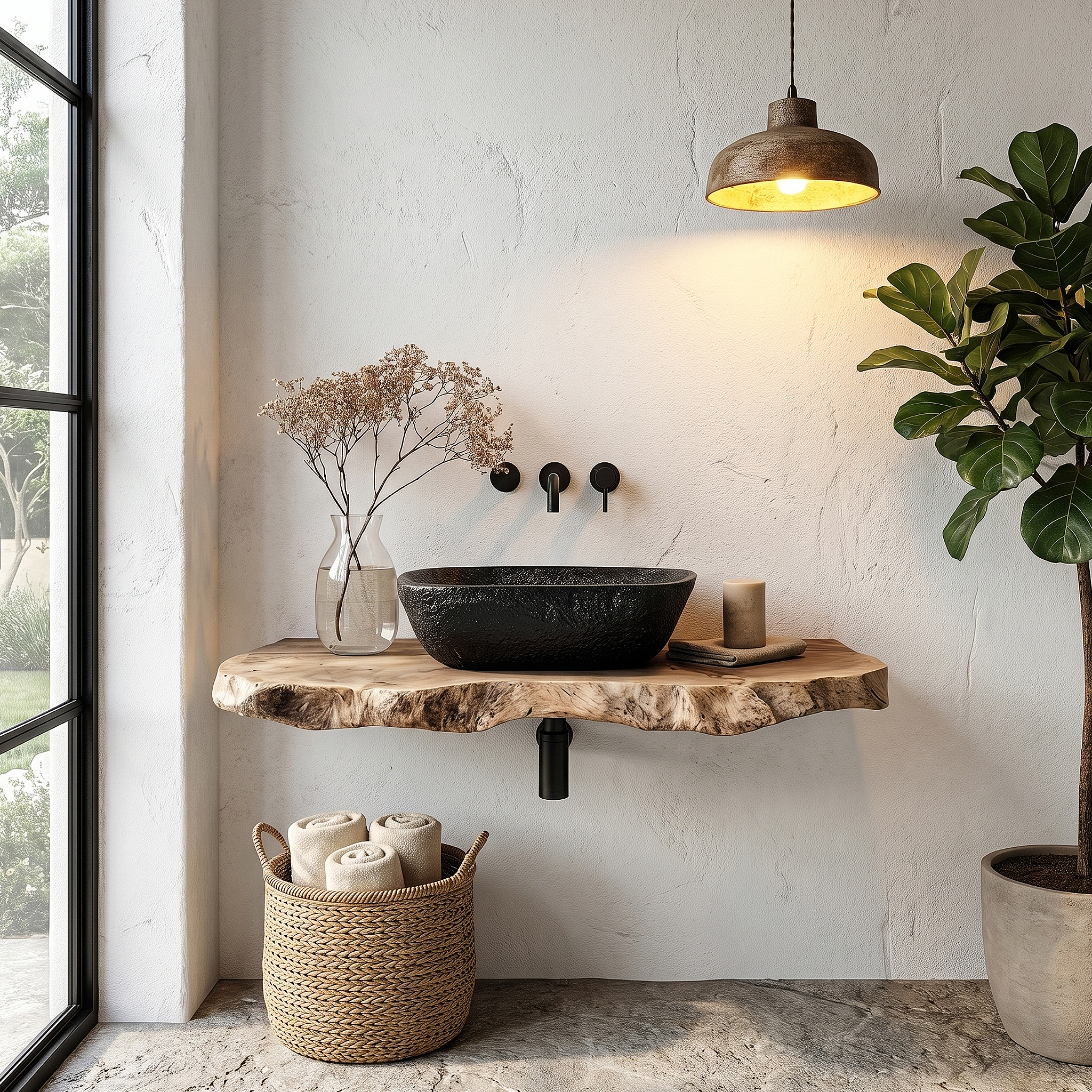 Rustic Floating Bathroom Vanity With Live Edge Wood Shelf For Bathroom And Powder Room SINLHABRV308