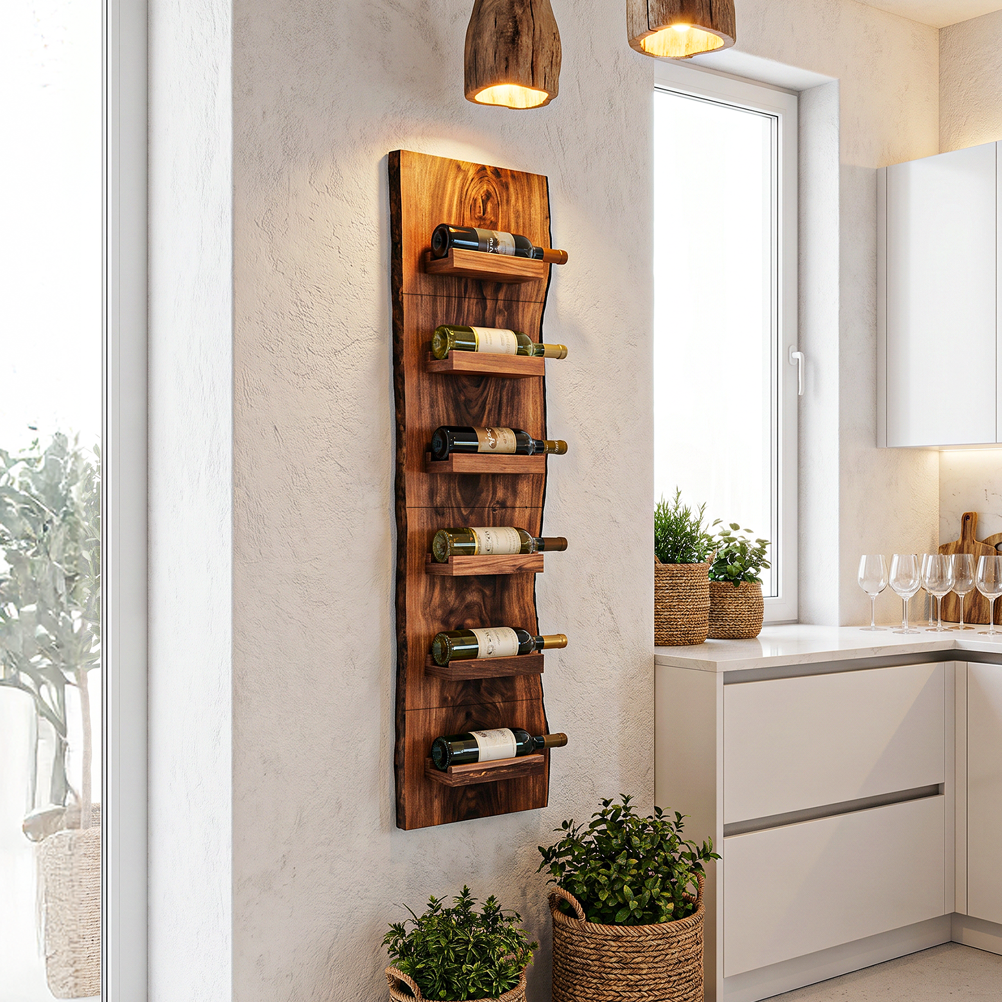 Rustic Wall Mounted Wine Rack With Vertical Wooden Storage Shelves For Kitchen And Dining Room SINLHAWR027