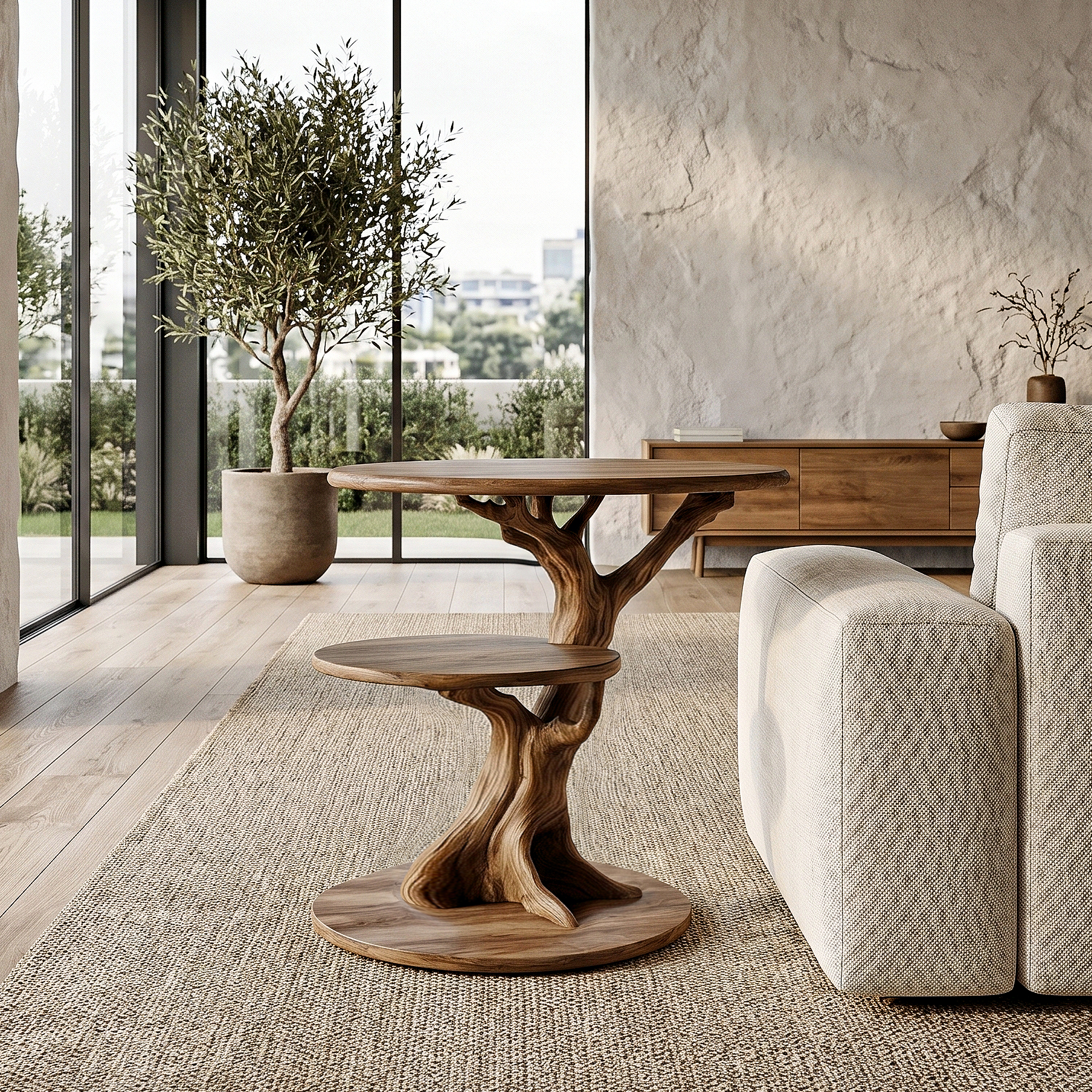 Organic Sculptural Side Table With Twisted Solid Wood Pedestal Base For Living Room SINLHABT252