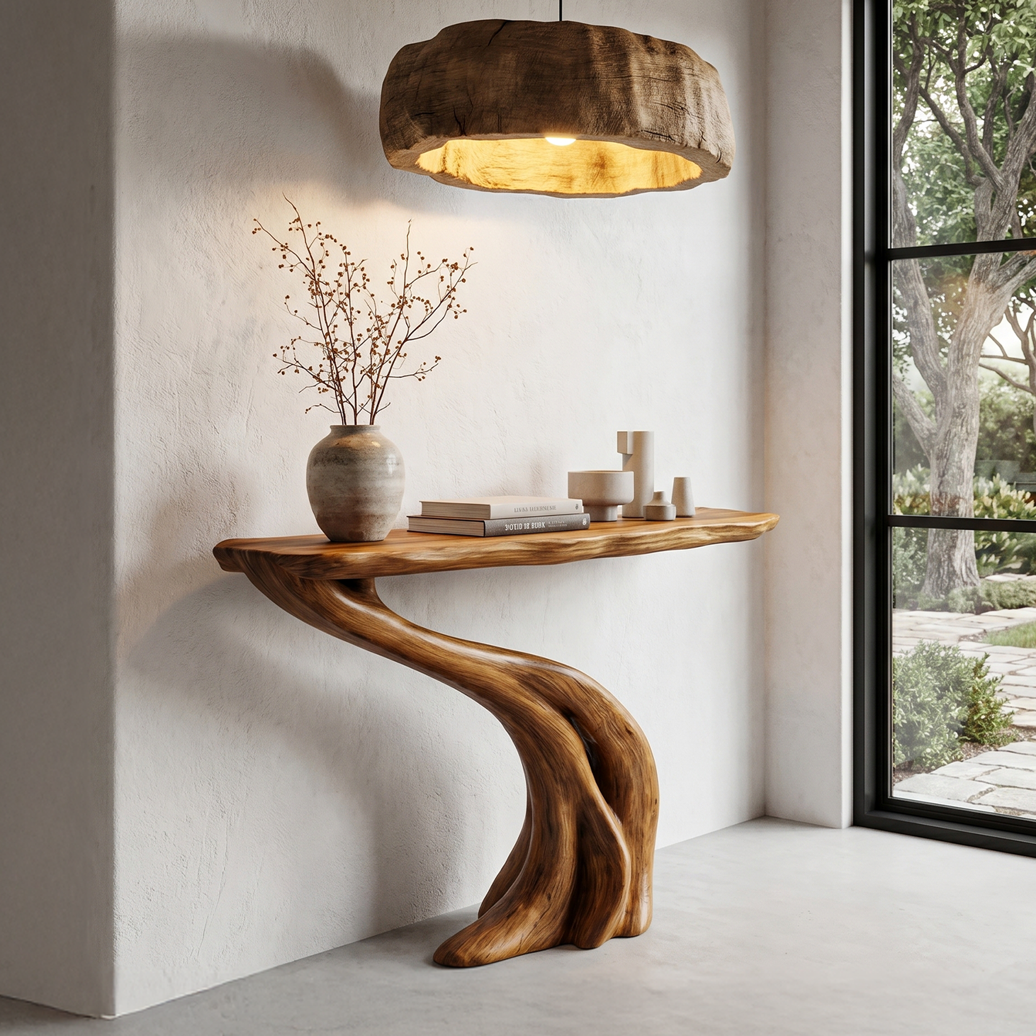 Organic Curved Console Table With Soft Flowing Wood Base For Entryway And Living Room SINLHACS589