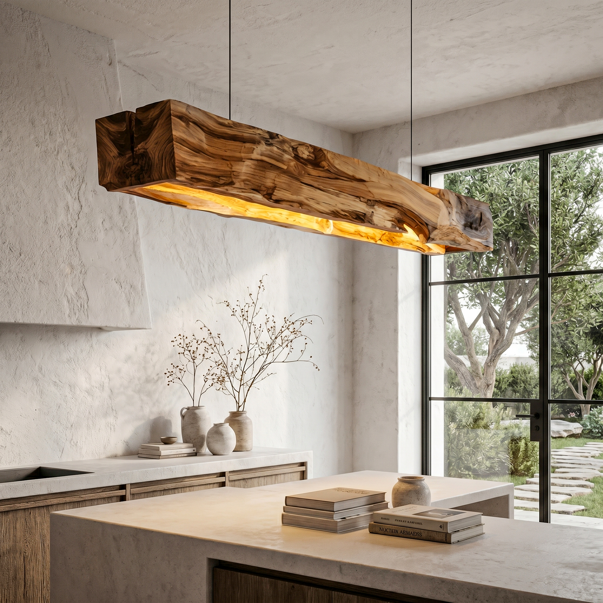 Organic Modern Pendant Light With Sculptural Wood Beam For Living Room And Kitchen SINLHAPL013
