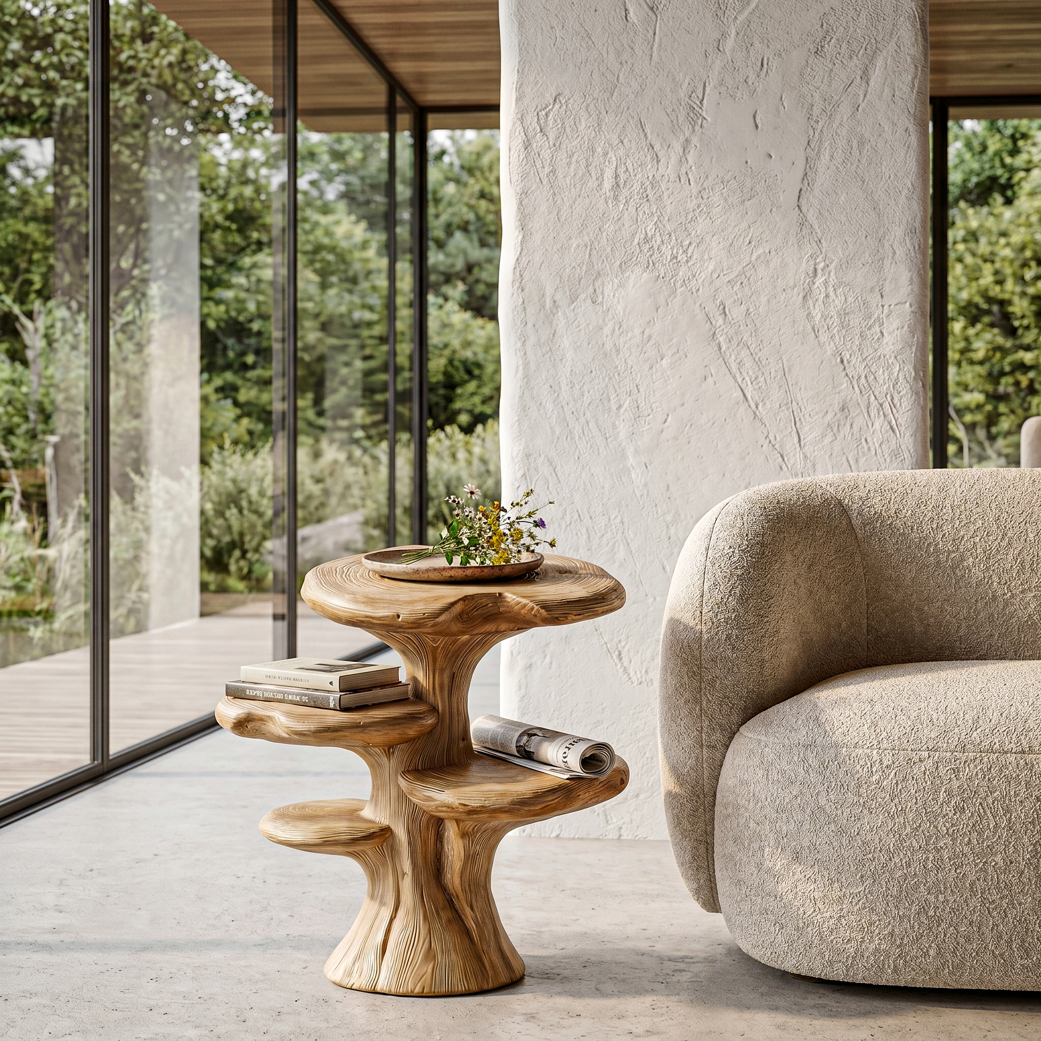 Organic Sculptural Beside Table With Tiered Solid Wood Shelves For Living Room SINLHABT262