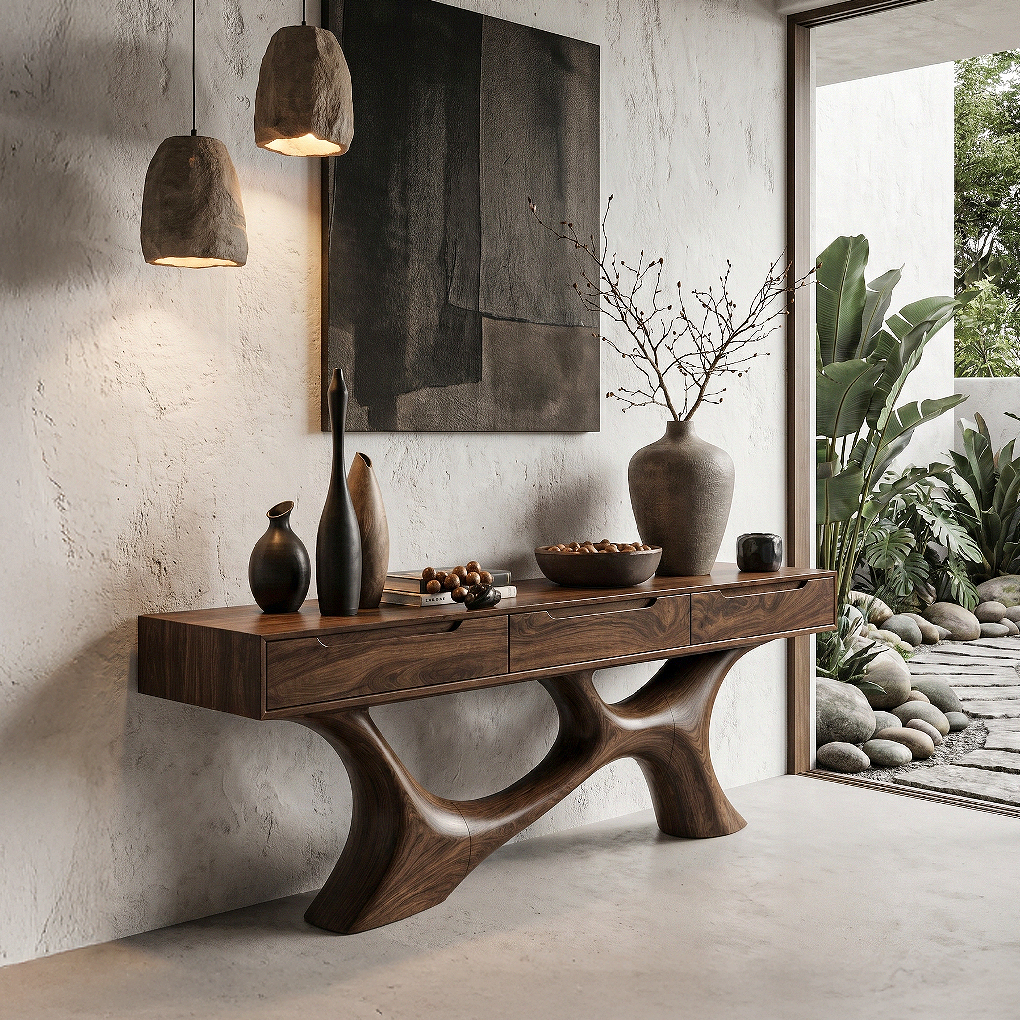 Modern Console Table With Built In Storage Cabinet And Sculptural Curved Wood Base For Entryway And Living Room SINLHACS591