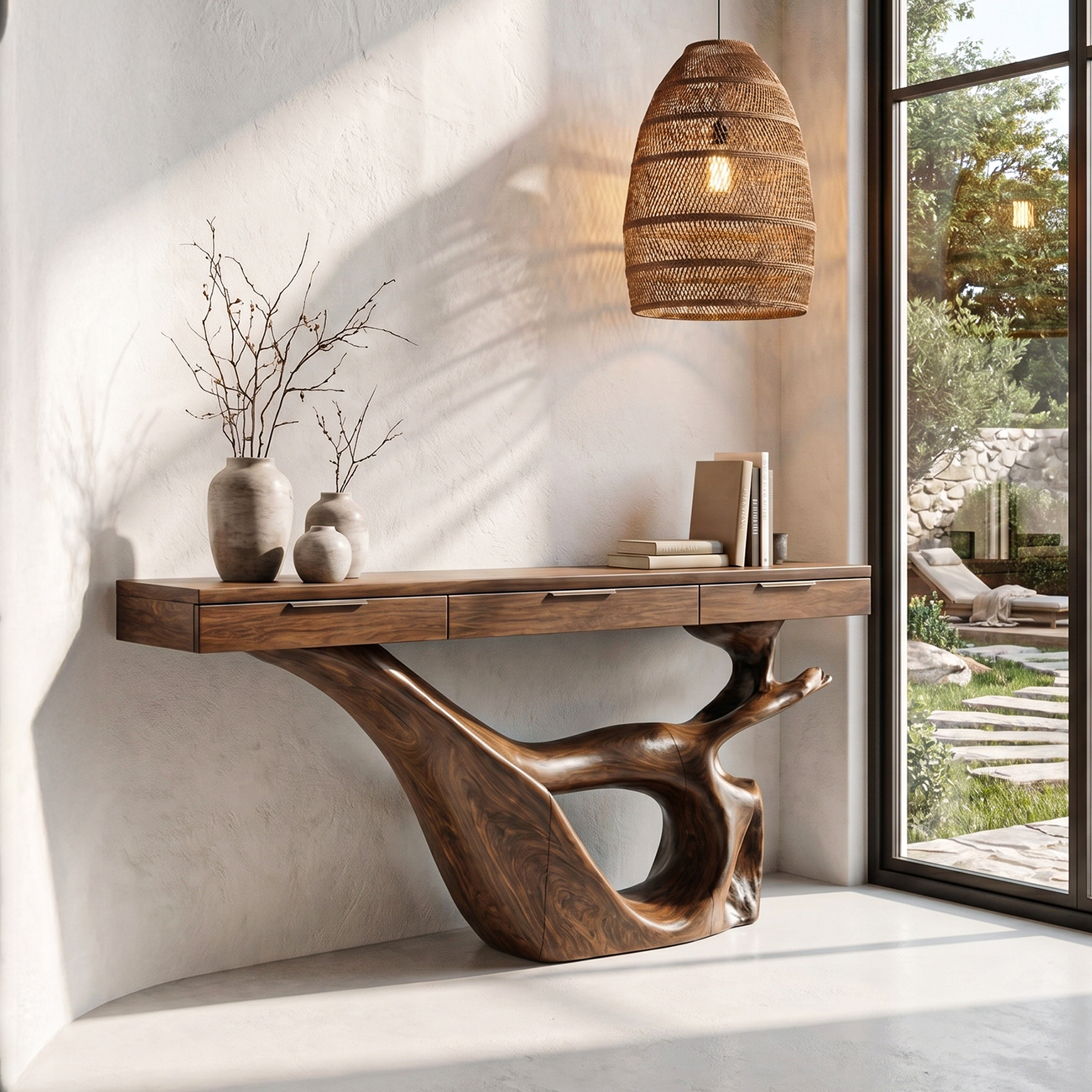 Minimal Console Table With Sculptural Curved Loop Wood Base And Solid Wood Top For Entryway And Living Room SINLHACS592