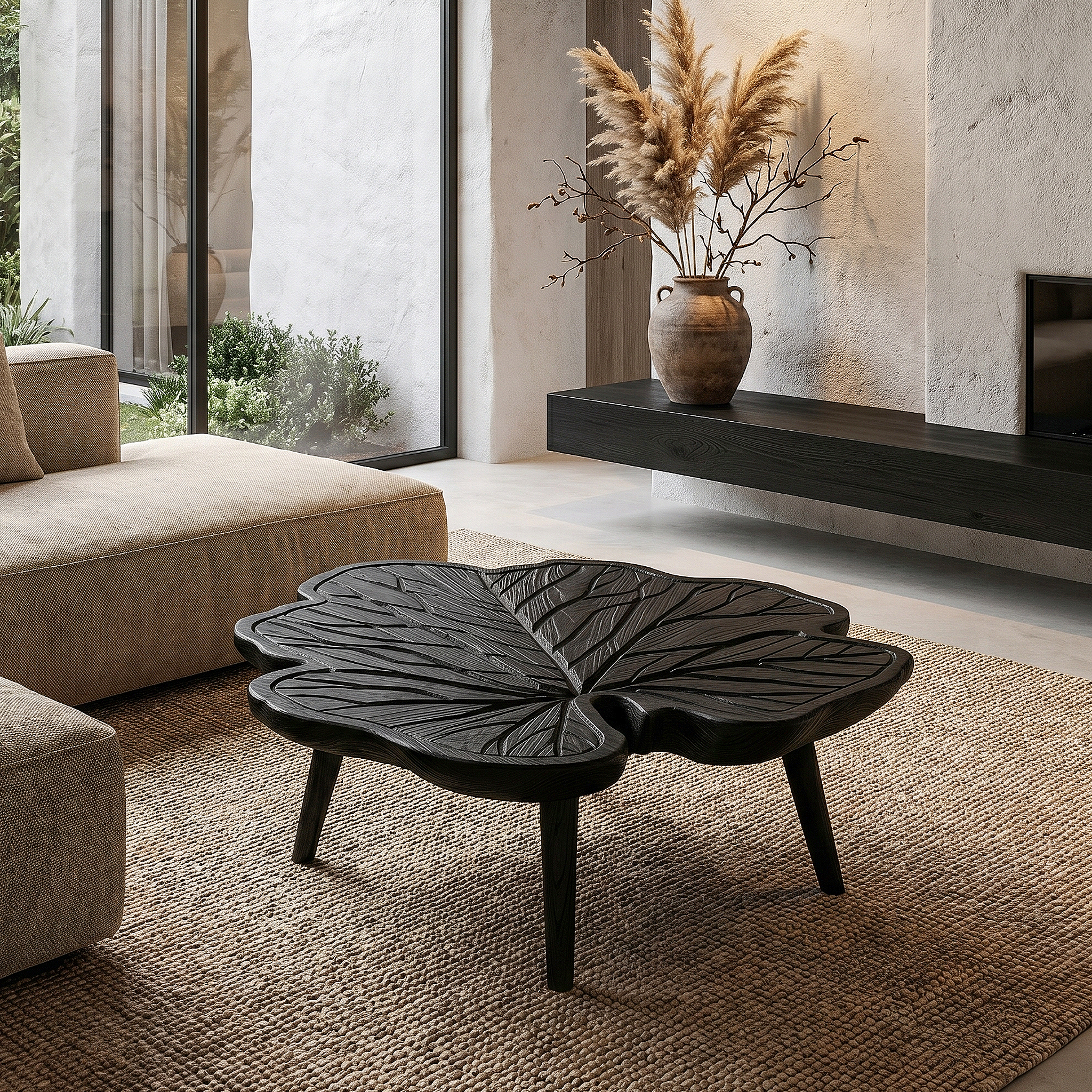 Rustic Leaf Coffee Table With Hand Carved Solid Wood Design For Living Room SINLHACF383
