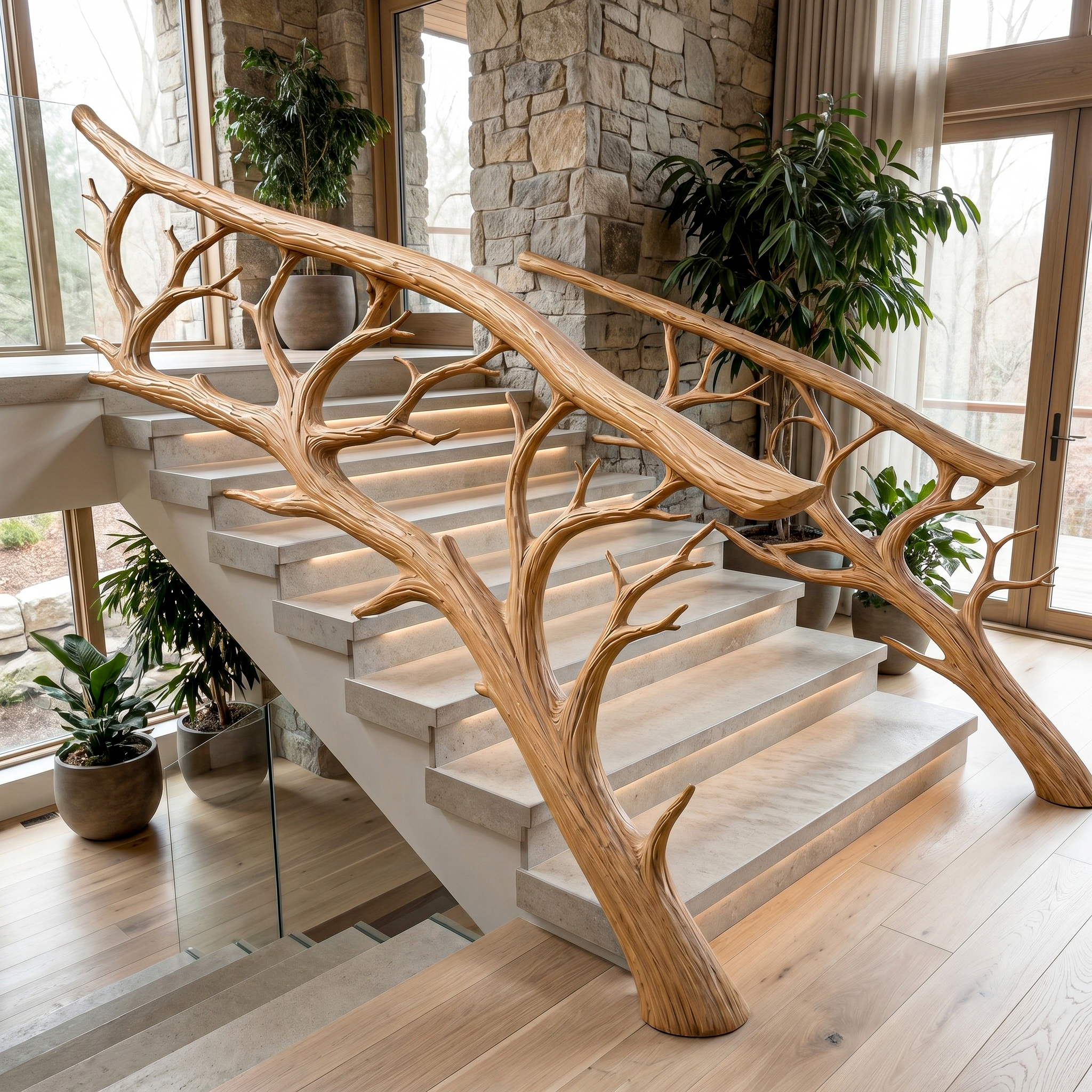 Rustic Tree Branch Stair Railing With Organic Wood Design For Interior Staircase SINLHAST013