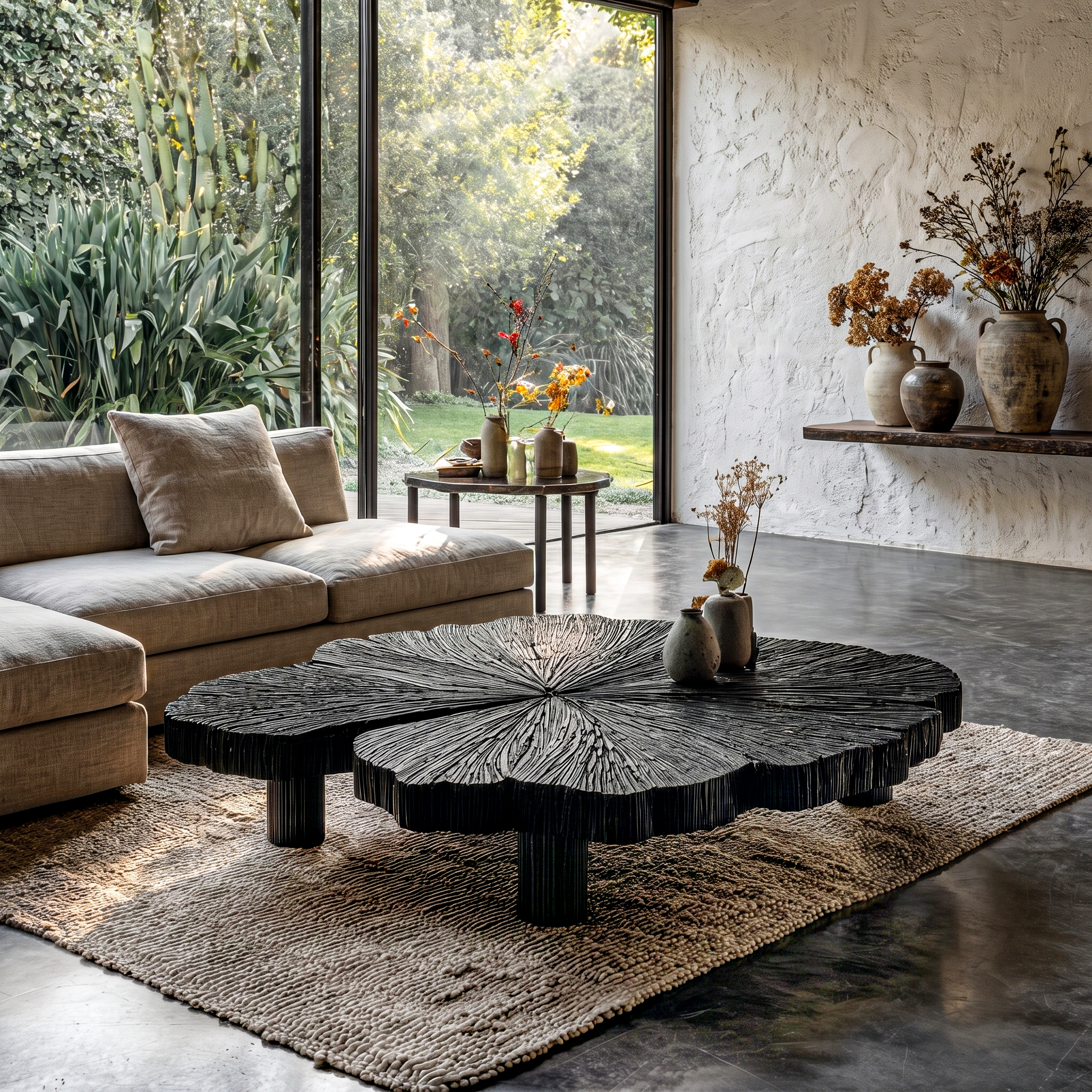 Rustic Coffee Table With Hand Carved Organic Wood Top And Chunky Pedestal Legs For Living Room SINLHACF385