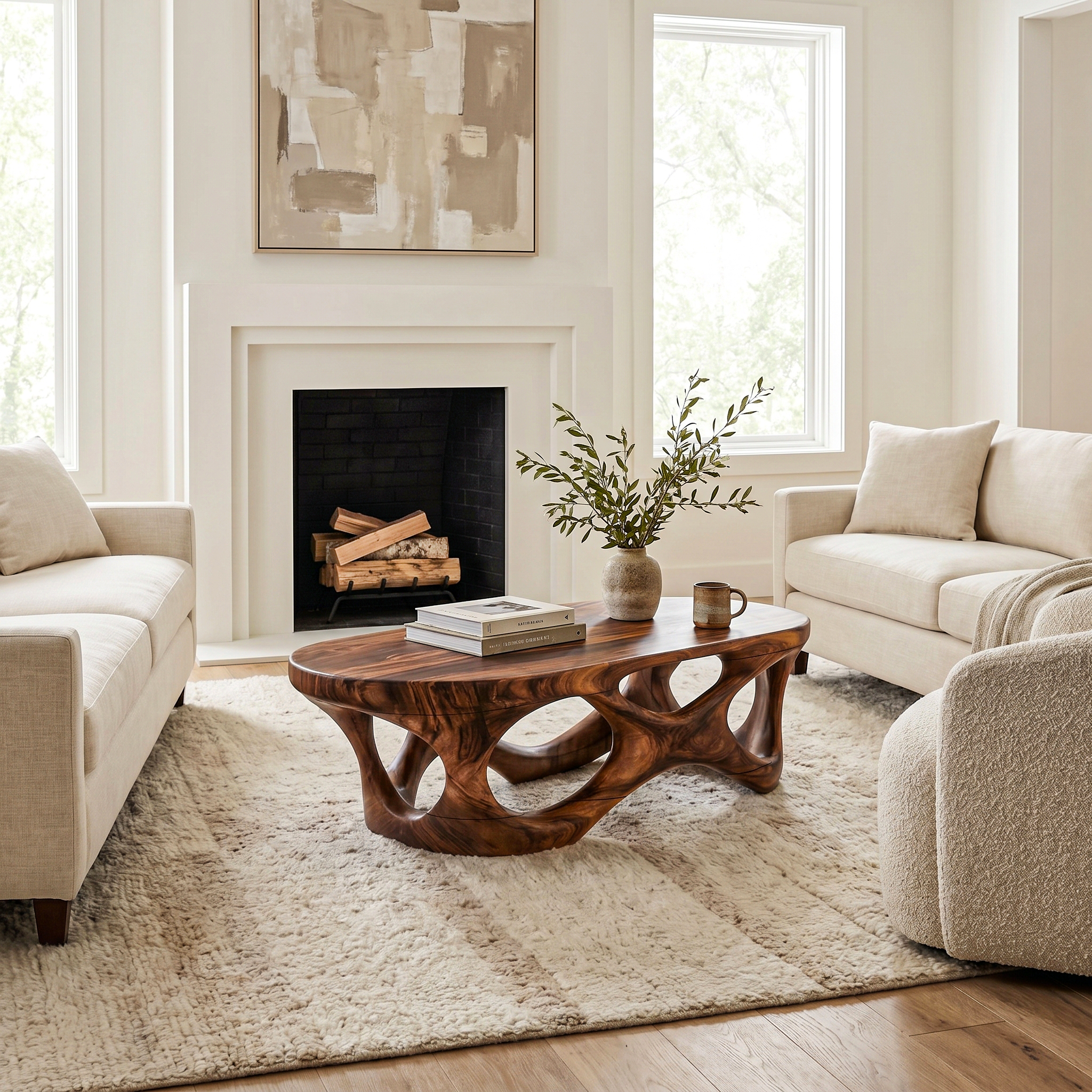 Sculptural Coffee Table With Interlocking Wood Base For Living Room SINLHACF370