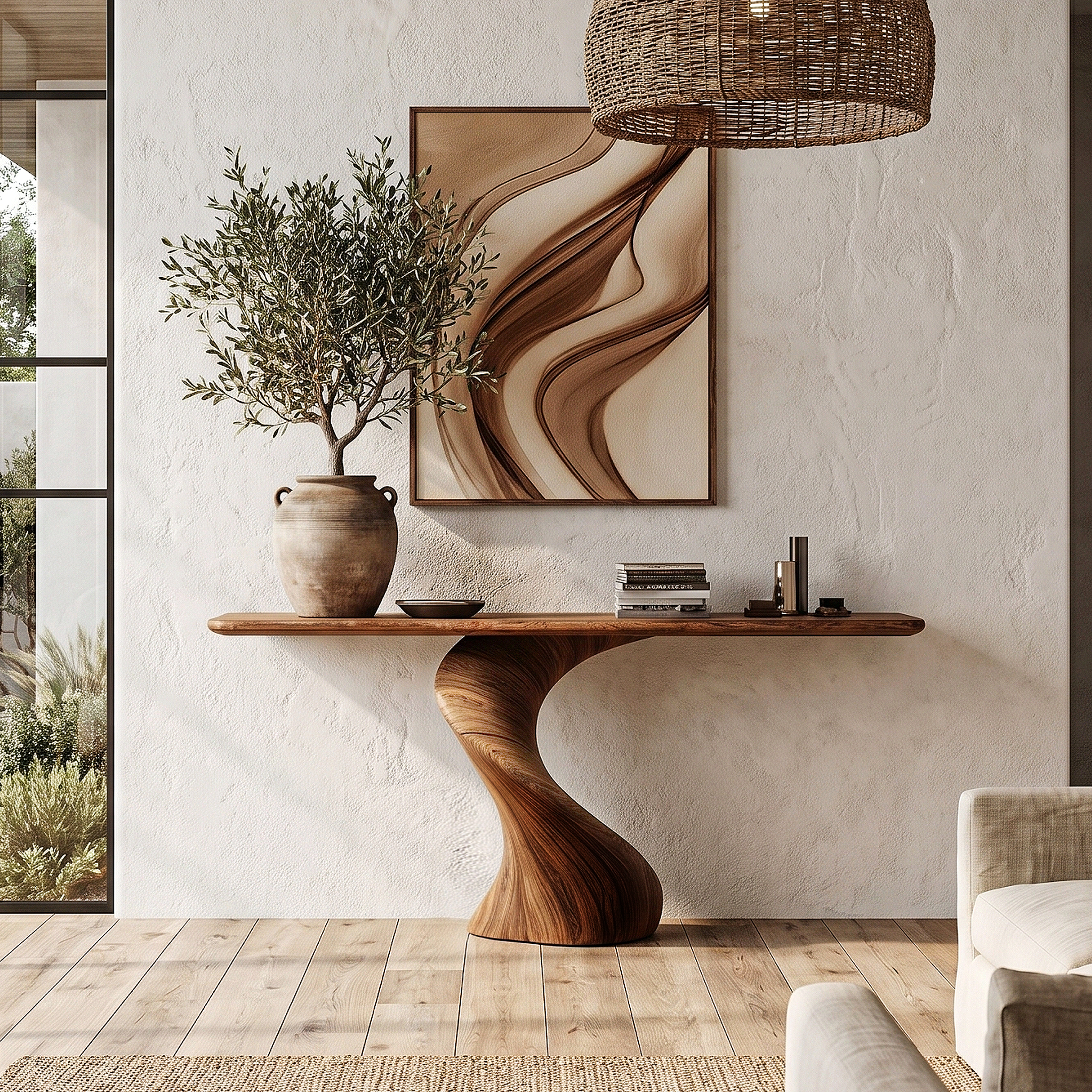 Modern Organic Console Table With Sculptural Twisted Solid Wood Base For Entryway And Living Room SINLHACS605