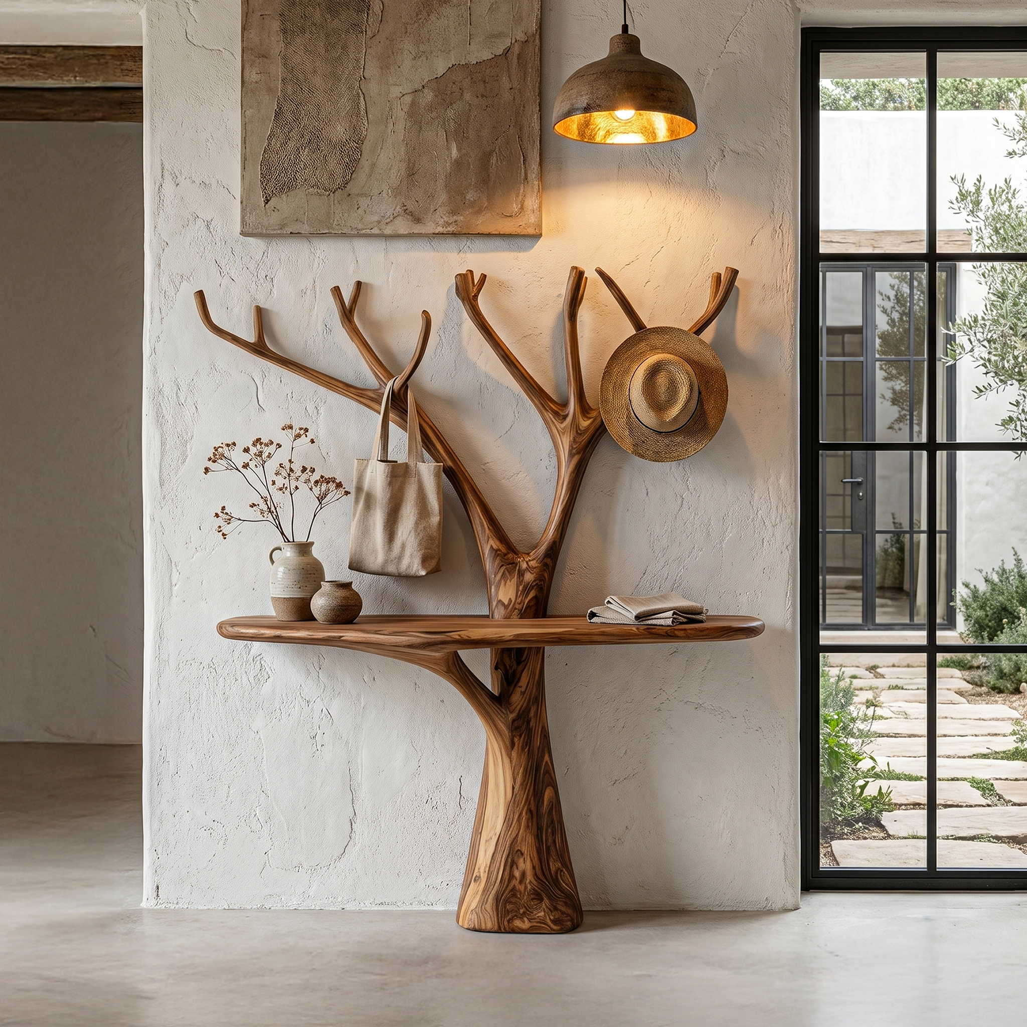 Rustic Organic Console Table With Tree Branch Wood Base For Living Room SINLHACS602