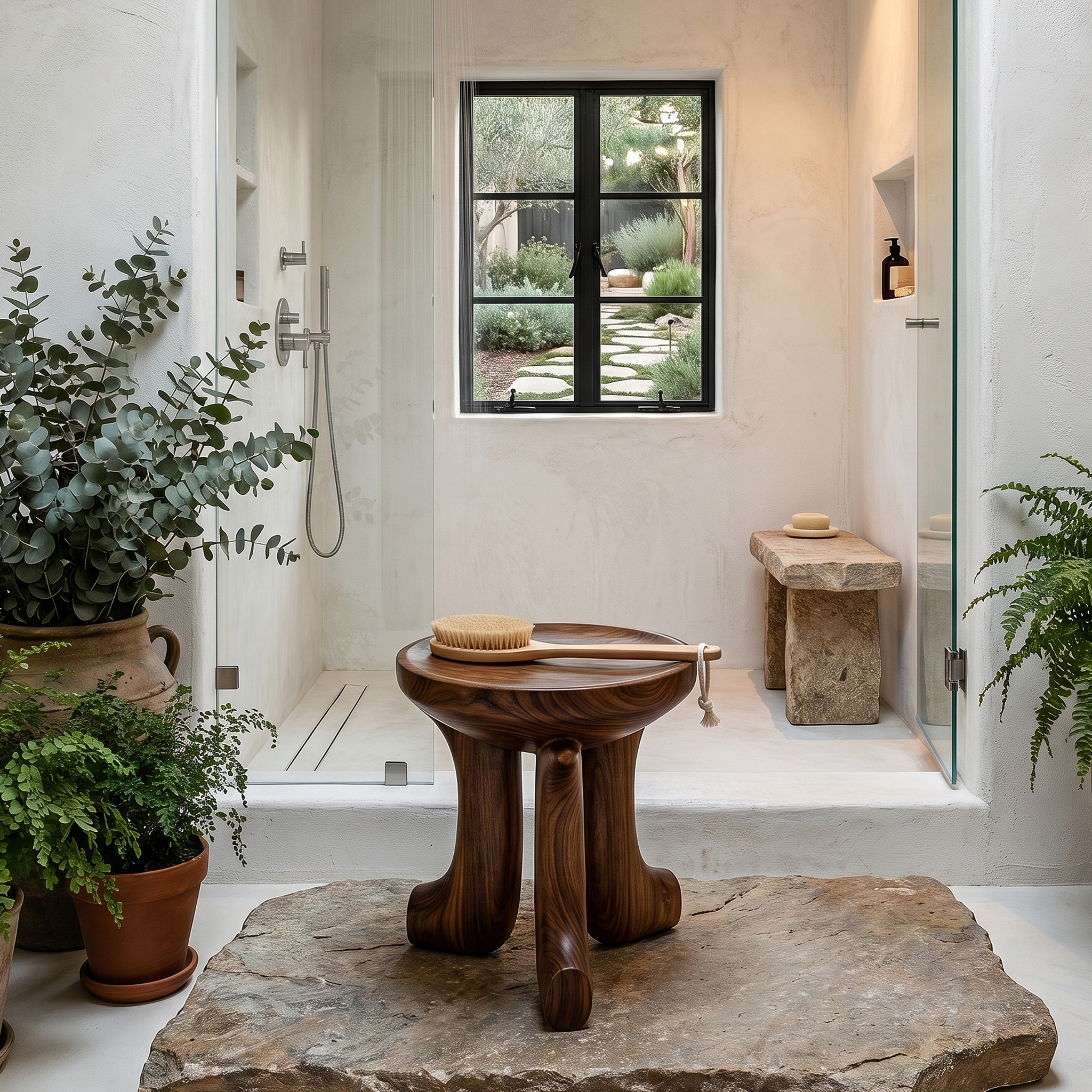 Rustic Bath Stool With Chunky Solid Wood Legs For Bathroom SINLHAWS013