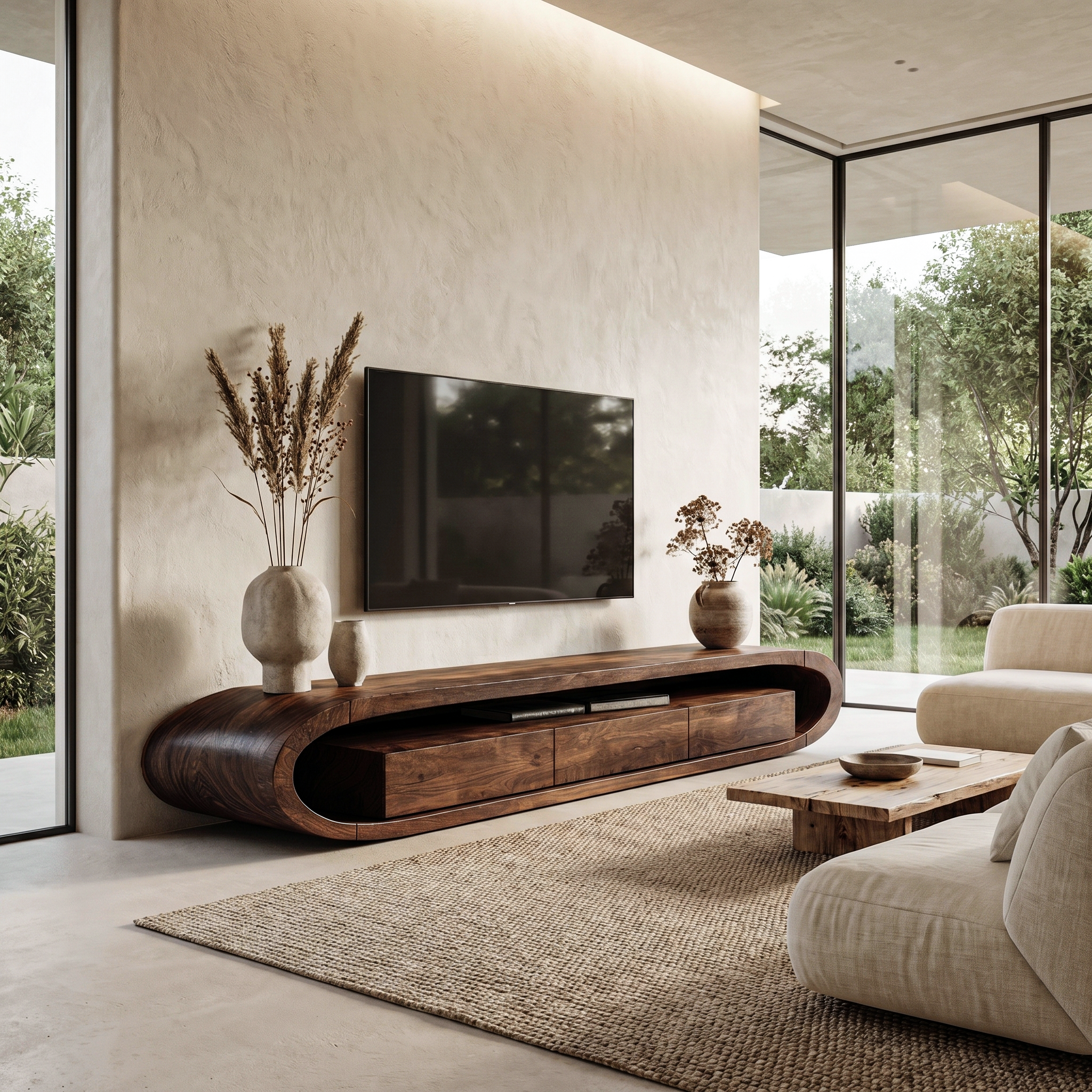 Organic TV Cabinet With Curved Solid Wood Design And Built In Drawer Storage For Living Room SINLHATC047
