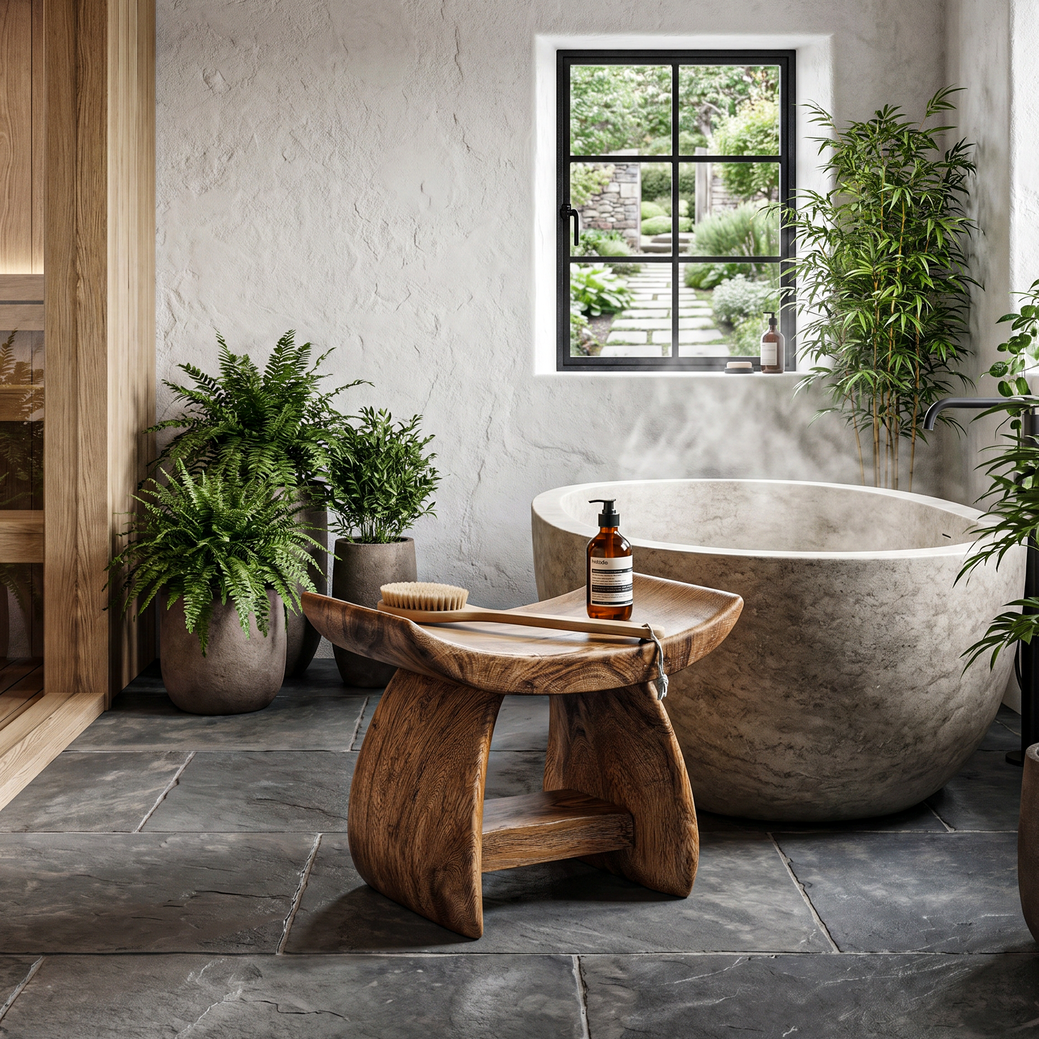 Nature Inspired Bathroom Stool With Sculptural Wood Design For Bathroom SINLHAWS014