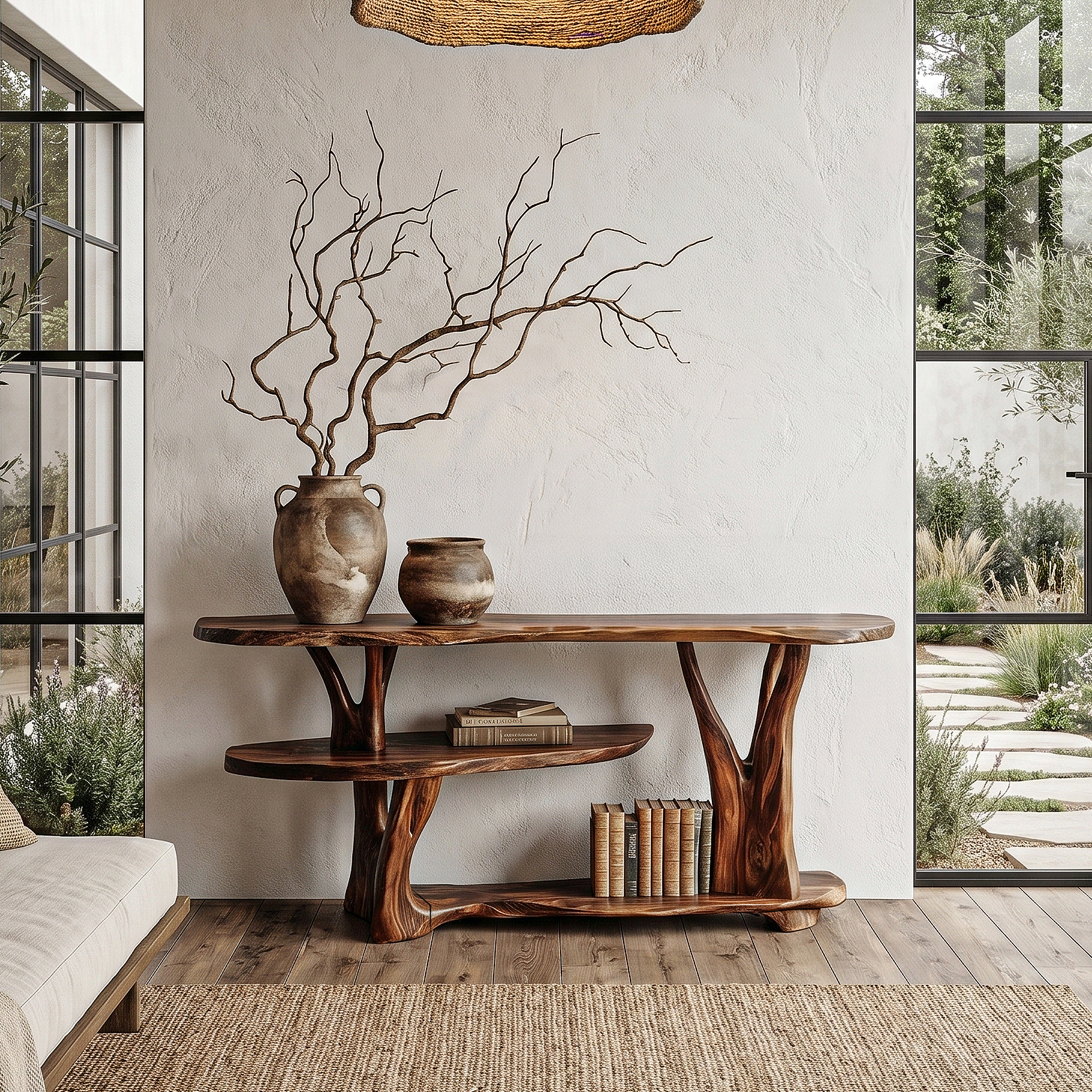 Organic Console Table With Sculptural Tree Root Base And Open Shelf Storage For Entryway And Living Room SINLHACS607