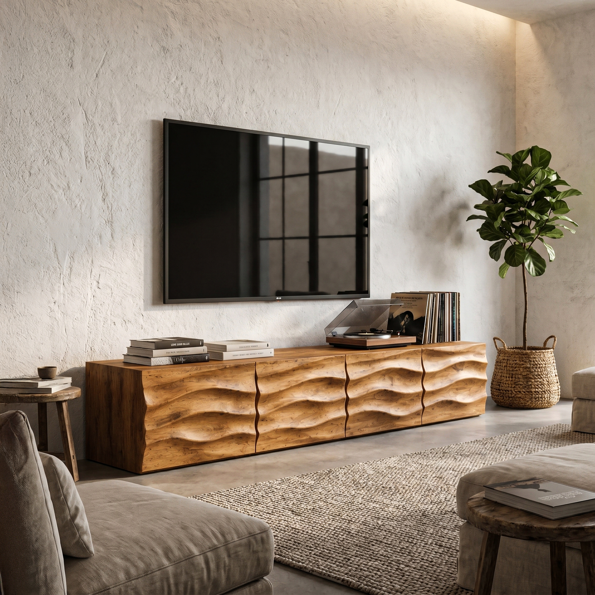 Organic TV Cabinet With Wave Front Doors And Built In Storage For Living Room SINLHATC041