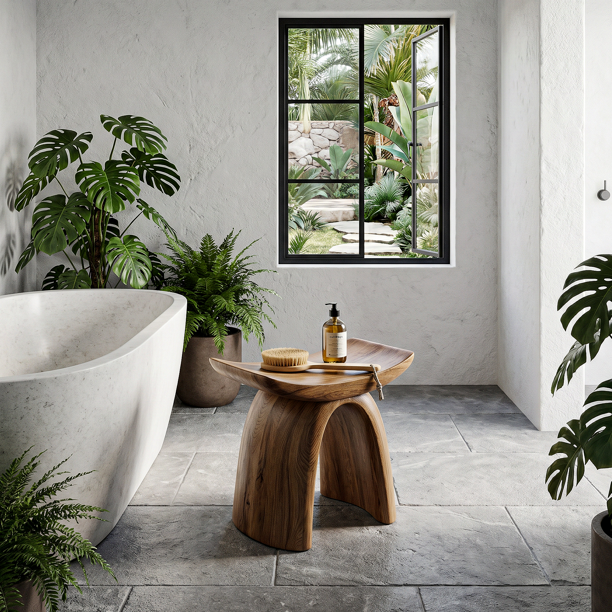 Organic Modern Shower Stool With Sculptural Wood Base For Bathroom SINLHAWS015